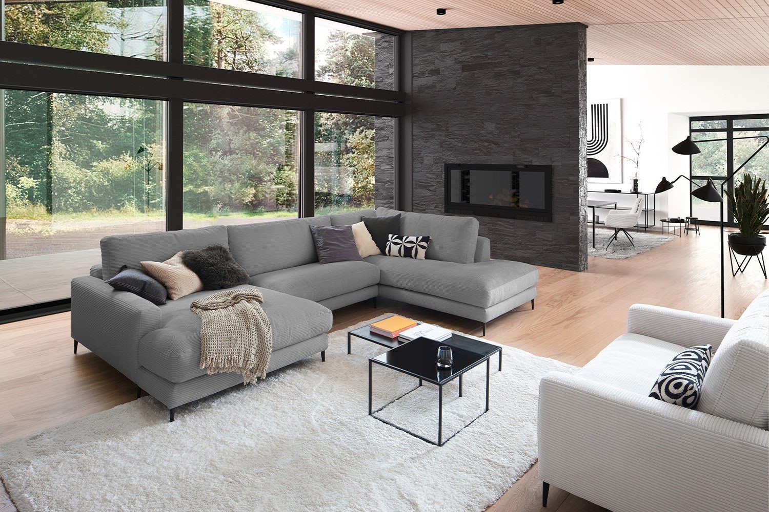 KAWOLA Wohnlandschaft CARA, Sofa U-Form Cord, Longchair rechts od. links, versch. Farben grau