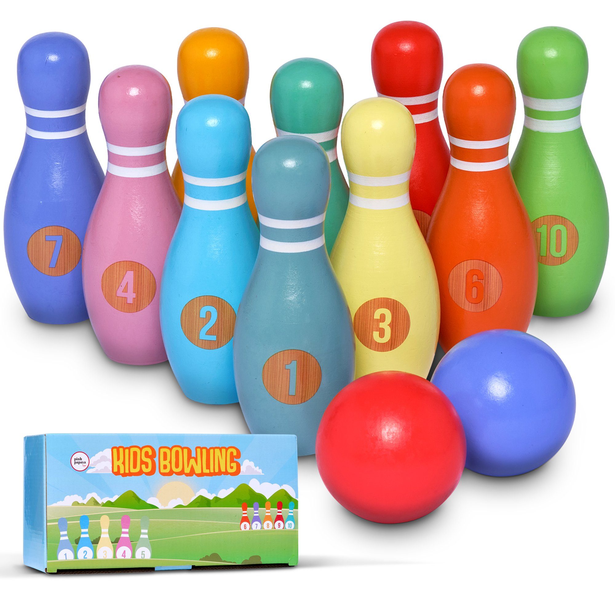 Pink Papaya Spiel Kids Bowling Classic, Familien- und Kinderspiel, 100 % Massivholz, schult Motorik & Koordination