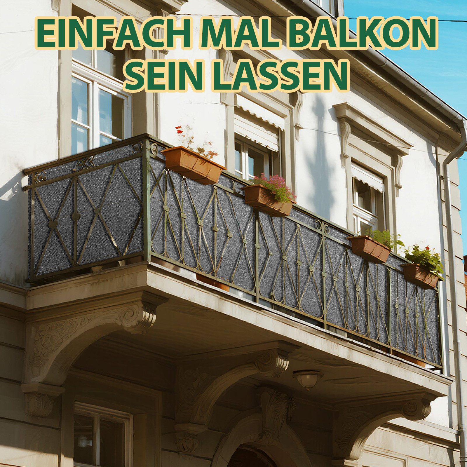 Ferghana Balkonsichtschutz Schatten Sichtschutz Seelenfrieden, Sichtschutz Balkon aus HDPE (Länge: 10 Meter, Höhe optional)für Gitter Geländer Zaun) Blickdicht UV-Schutz, Schattiernetz mit Kabelbinder