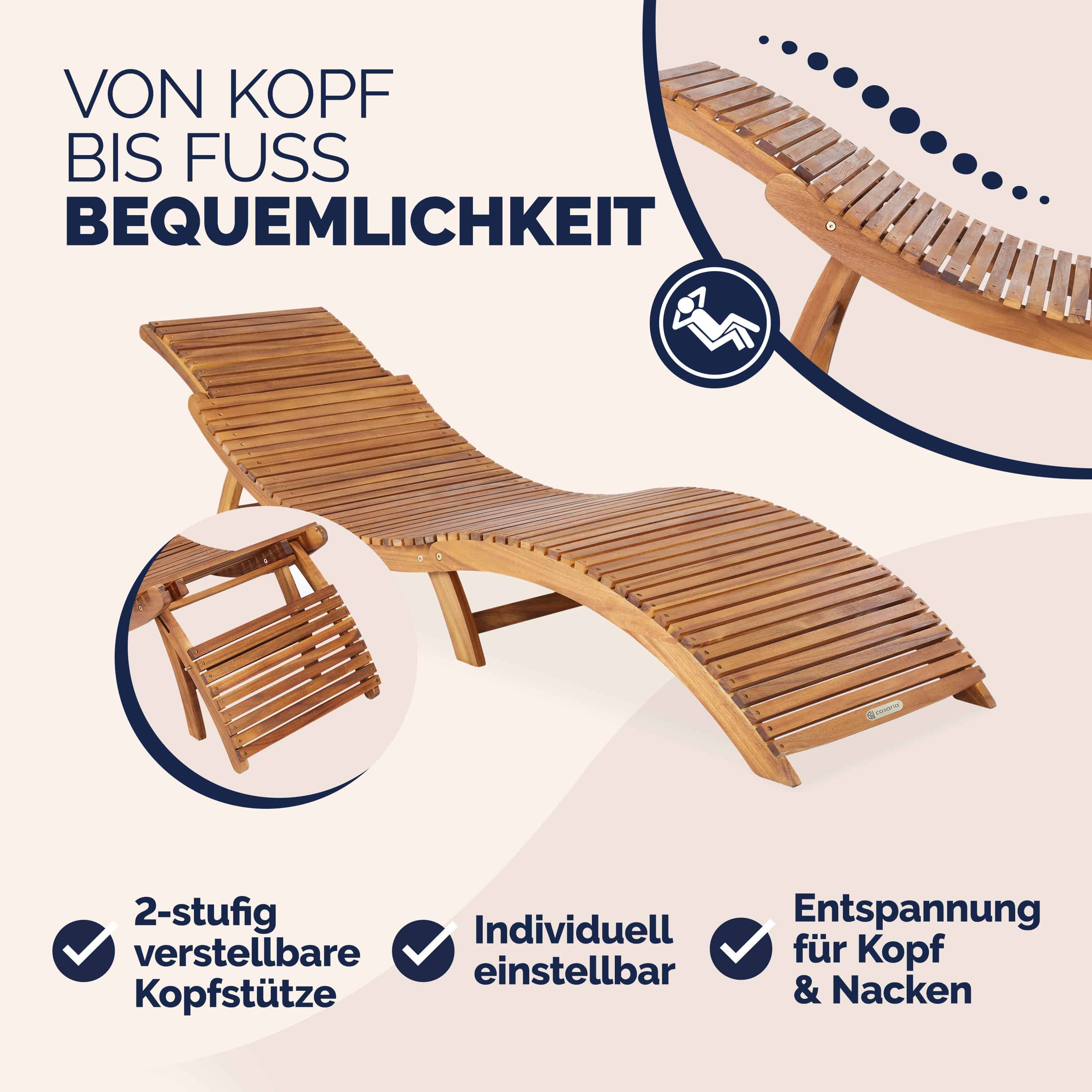 Casaria Gartenliege Braun, Holz Gartenliege FSC®-zertifiziert 320kg Belastbar Garten Akazie