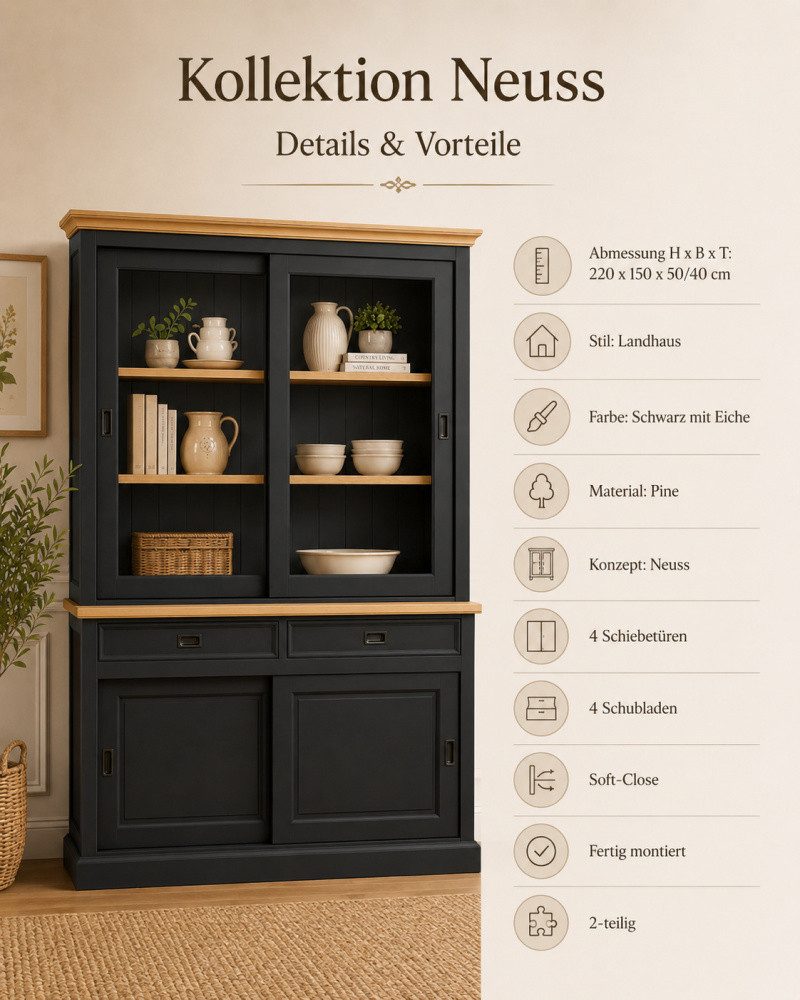 Wohnpalast Vitrine Vitrinen Schrank Neuss 150 cm schwarz/eiche - Buffet Schrank mit Schie