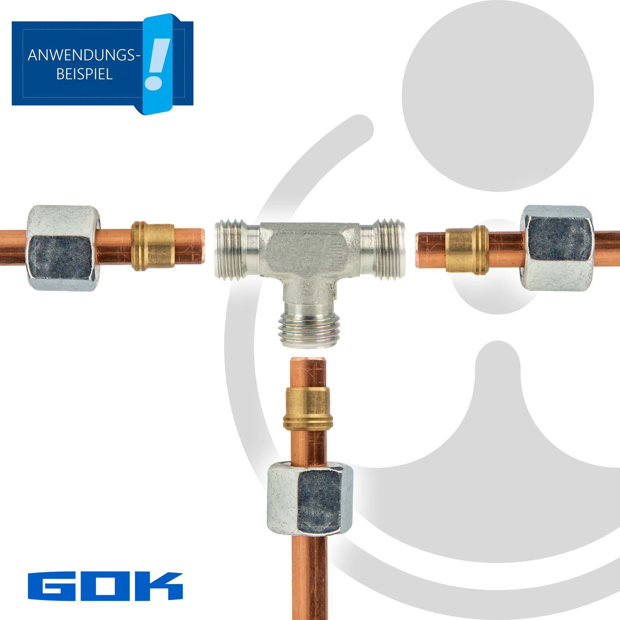 GOK Wasserrohr Schneidringverschraubung Typ T - T-Stück mit 3 x Verschraubung, 6 x 6 mm Schneidring Messing
