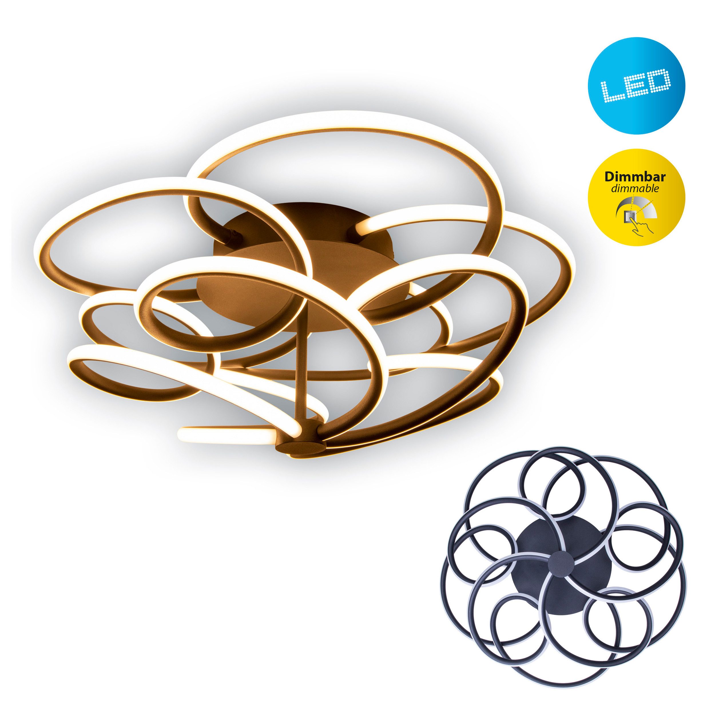 näve LED Deckenleuchte Rizado, Dimmfunktion, LED fest integriert, Warmweiß, 3-Stufen dimmbar per Wandschalter, Lichtfarbe warmweiß, D: 57cm