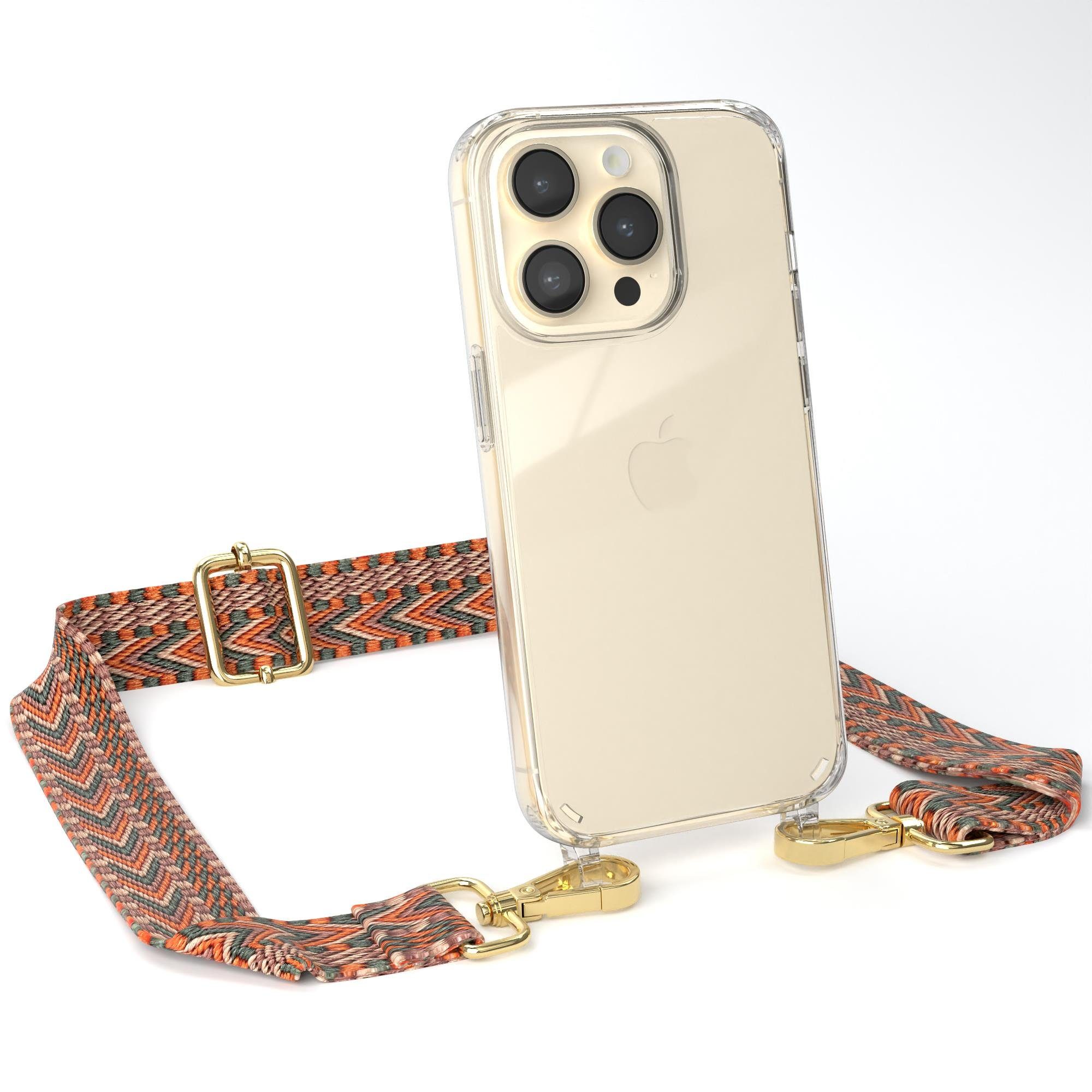 EAZY CASE Handykette Boho Umhängeband für Apple iPhone 14 Pro 6,1 Zoll, Festivaltasche für Handy zum Umhängen Flechtband Bunte Hülle Grün