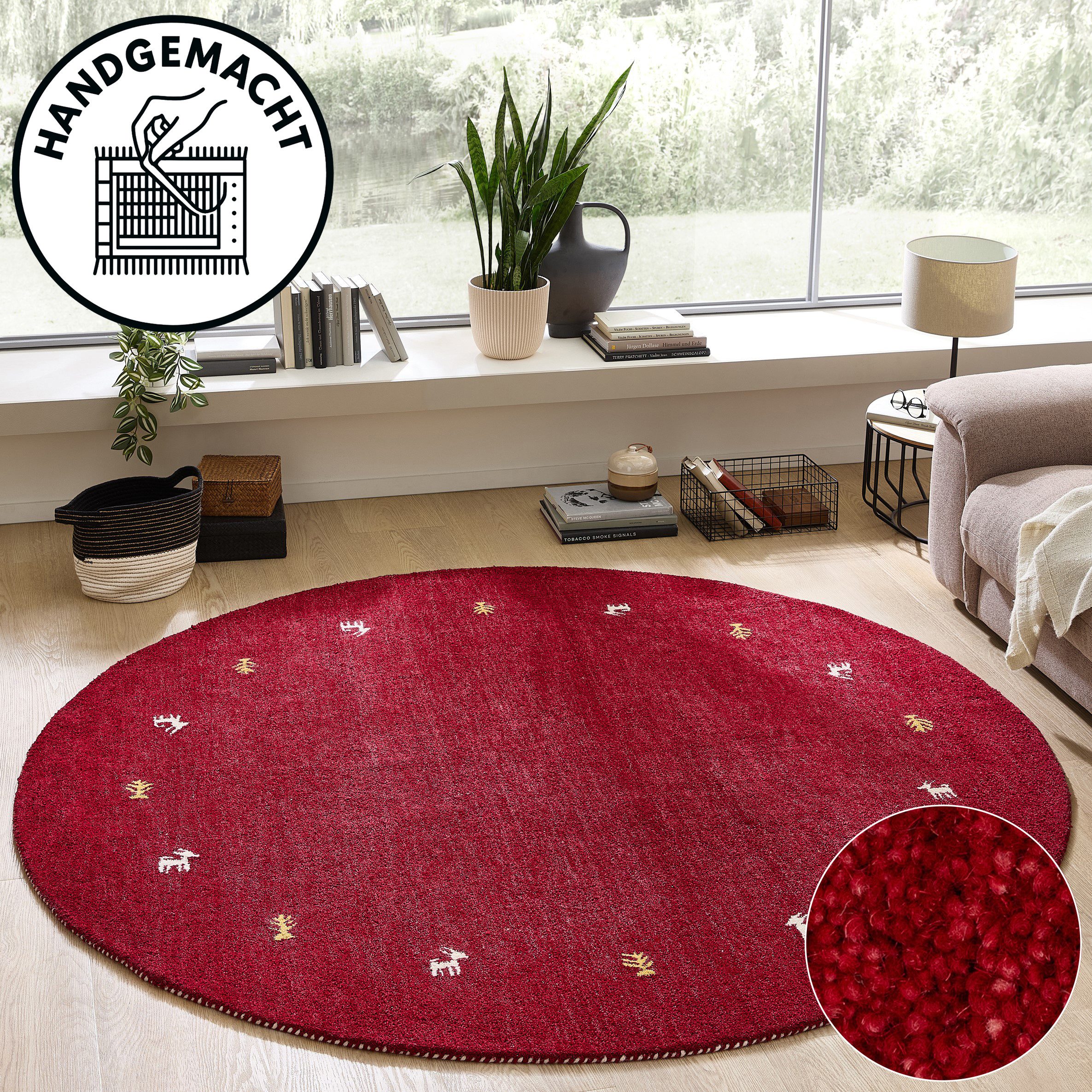 THEKO Wollteppich Gabbeh Motiv, Handgefertigt, Teppich, Tiermotiv, reine Wolle, rund, Höhe: 14 mm, reine Wolle, Wohnzimmer, Schlafzimmer, Esszimmer