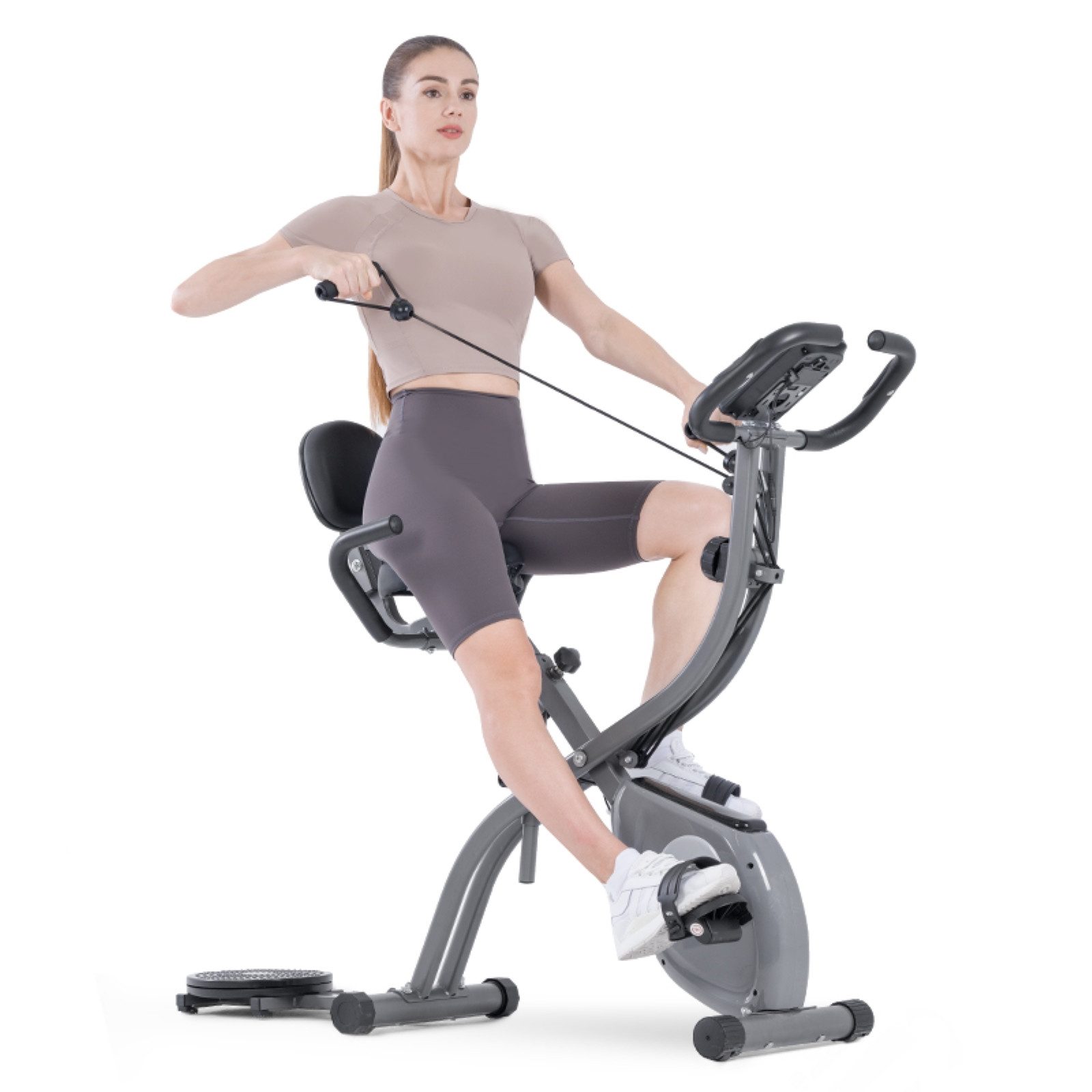 Gywowken Heimtrainer Fahrrad Klappbar für Zuhause mit APP - 4-in-1 faltbarer Heimtrainer (klappbarer Heimtrainer, LCD-Display, Handpulssensoren), mit 10 Stufen verstellbarem Magnetwiderstand und Spannseil