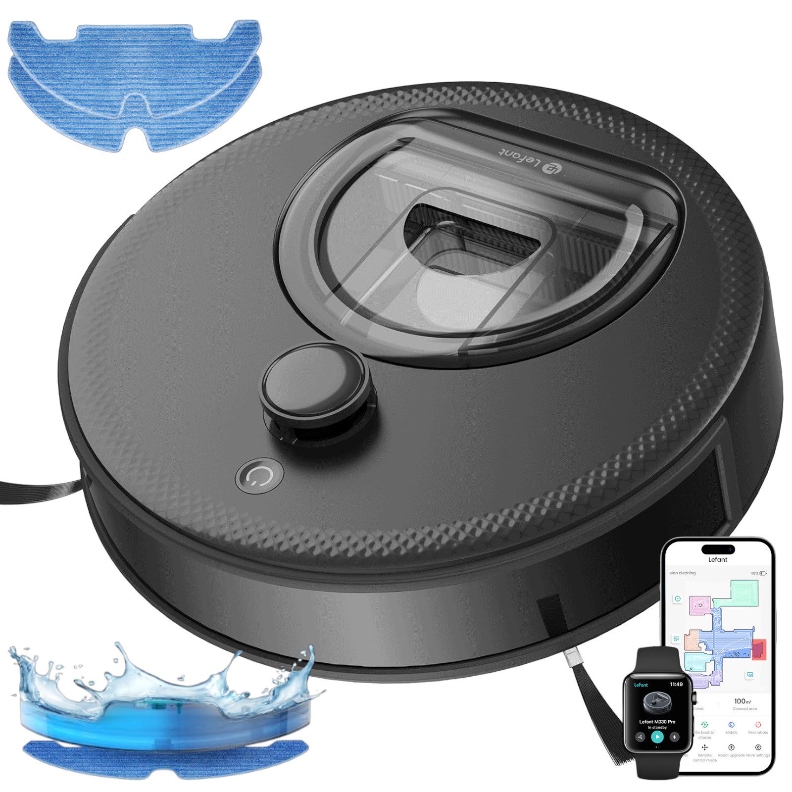 Lefant Saugroboter M330Pro Saugroboter mit Wischfunktion, 5000Pa, Saugroboter Tierhaare, Beutellos, 190° PSD-Hindernisvermeidung, Burstenloses Design, für Tierhaare