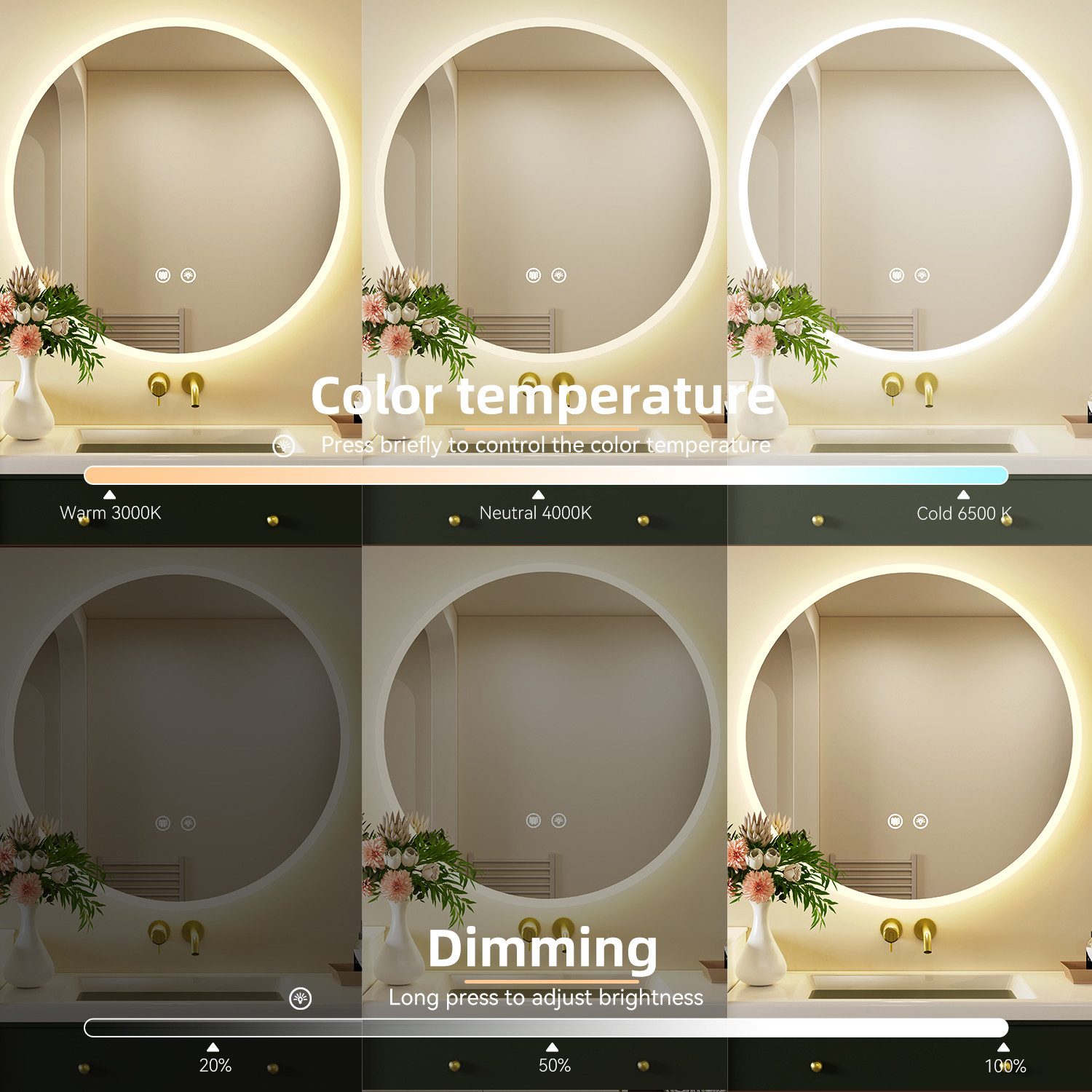 oyajia Badspiegel Rund mit LED Beleuchtung Wandspiegel, Rahmen Antibeschlag Badspiegel (3 Lichtfarben Dimmbare Touchschalter Antibeschlag eingebaute Sicherung), Ø60/70cm, Memory Funktion, IP44