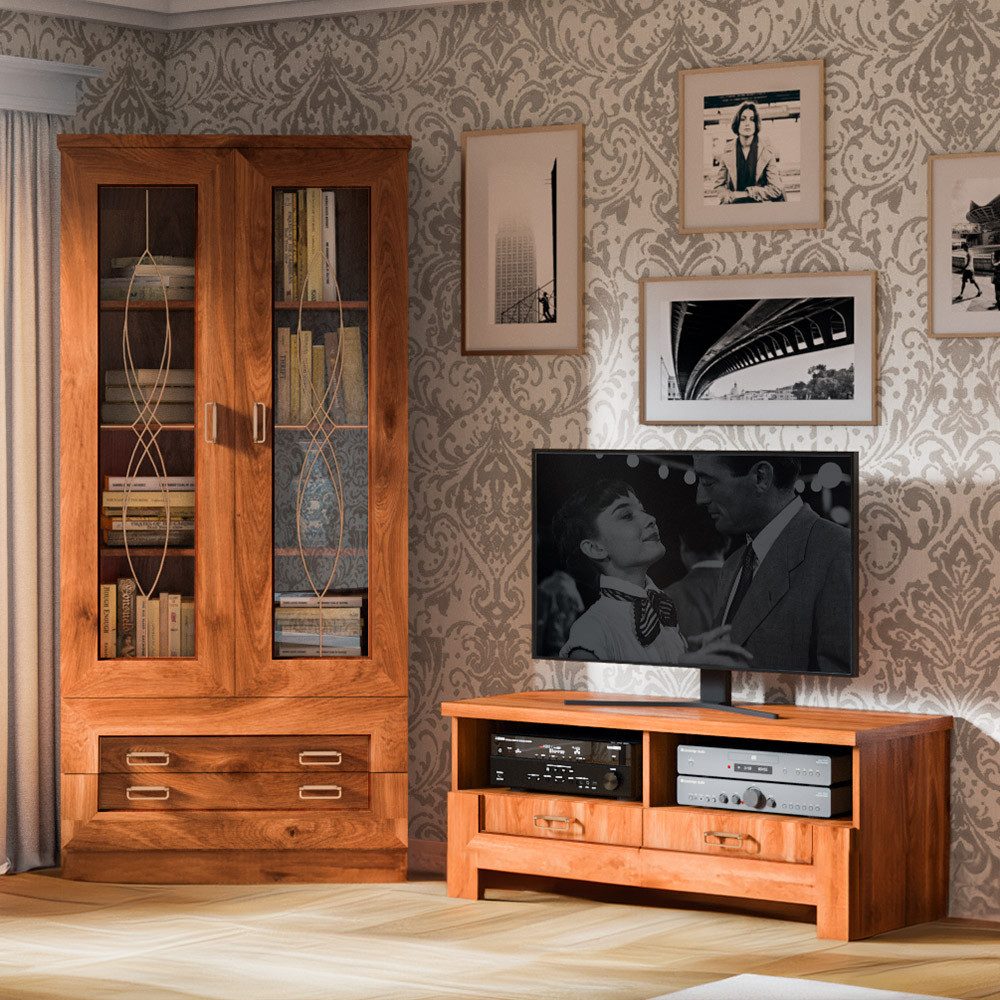 Lomadox Wohnzimmer-Set TEORA-161, (Mega-Spar-Set, 2-St., Vitrinenschrank Lowboard), in Eiche Alteiche Vitrinentüren mit Verzierung rustikal Metallgriffe