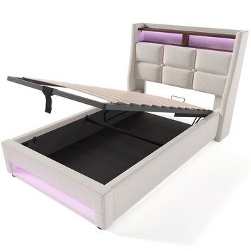 WISHDOR Polsterbett Bett (LED Einzelbett mit Lattenrost aus Metallrahmen, Jugendbett), 90x200cm, Ohne Matratze