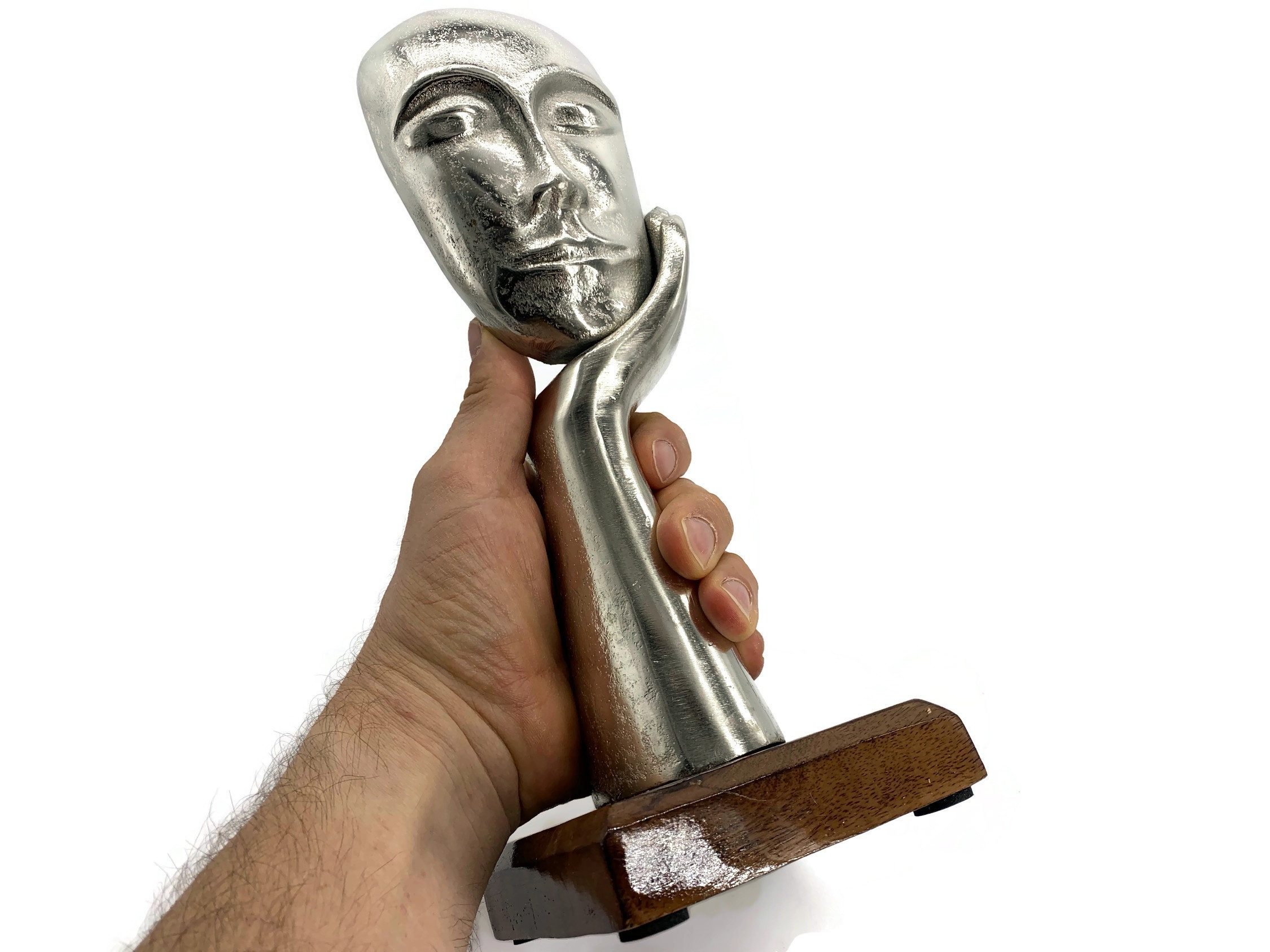 eXODA Skulptur Maske In Gedanken Aluminium auf Mangoholz Sockel