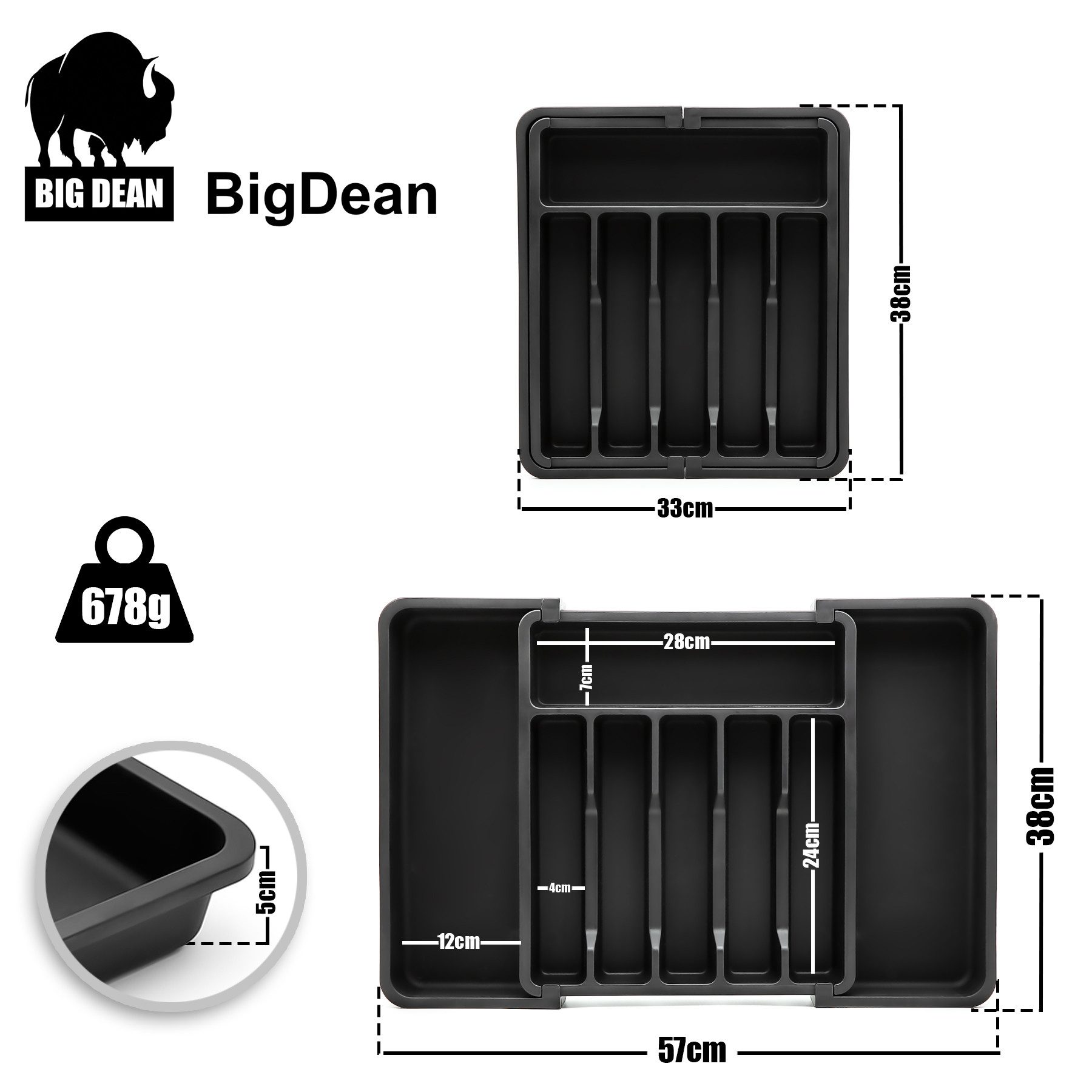 BigDean Besteckeinsatz Schubladen Organizer aus Kunststoff in Schwarz (Set, 1 St., Besteckeinsatz), Platzsparend, Optimale Organisation, Flexibel Anpassbar