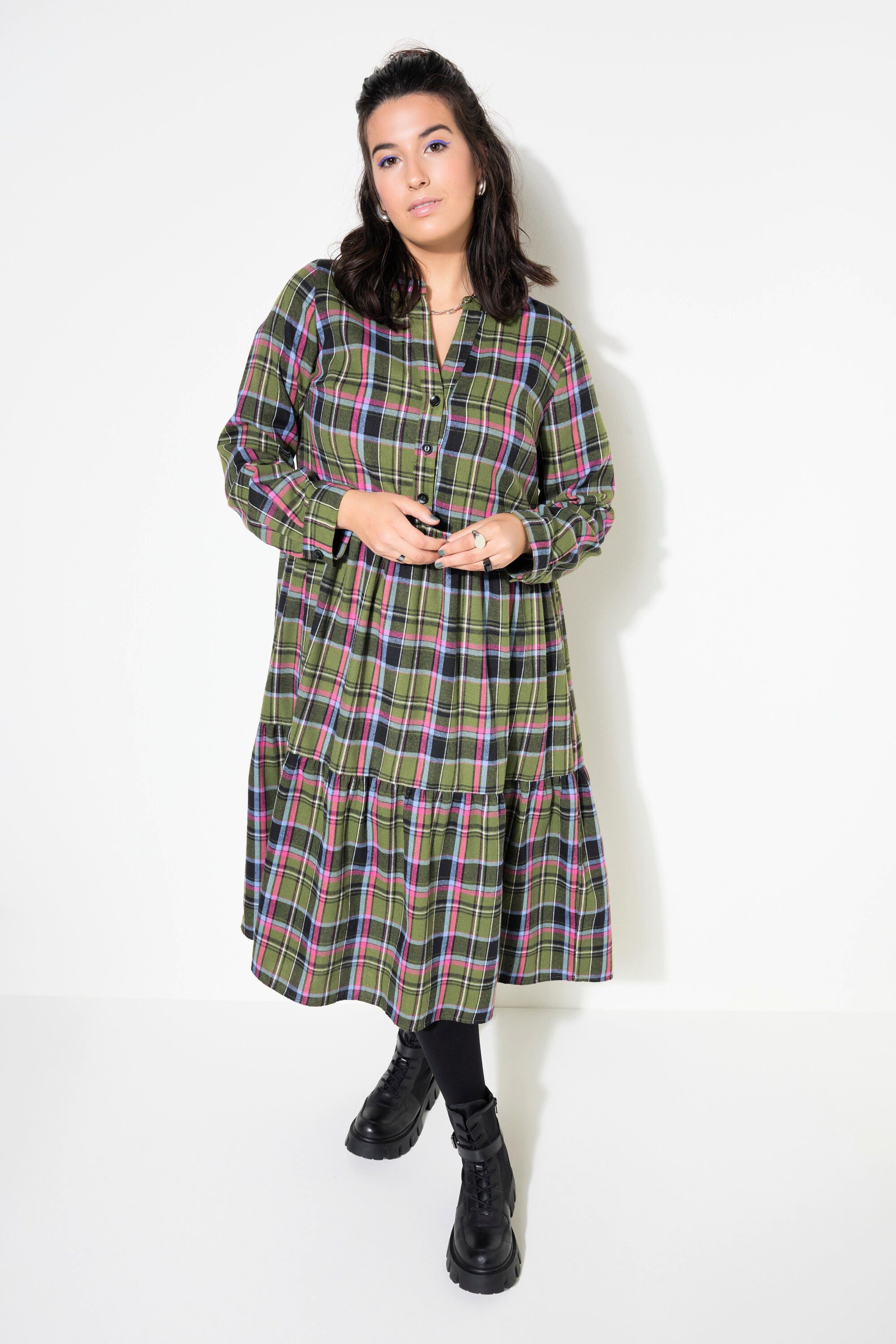 Jerseykleid Midi-Flanellkleid Karo Tunika-Ausschnitt Langarm