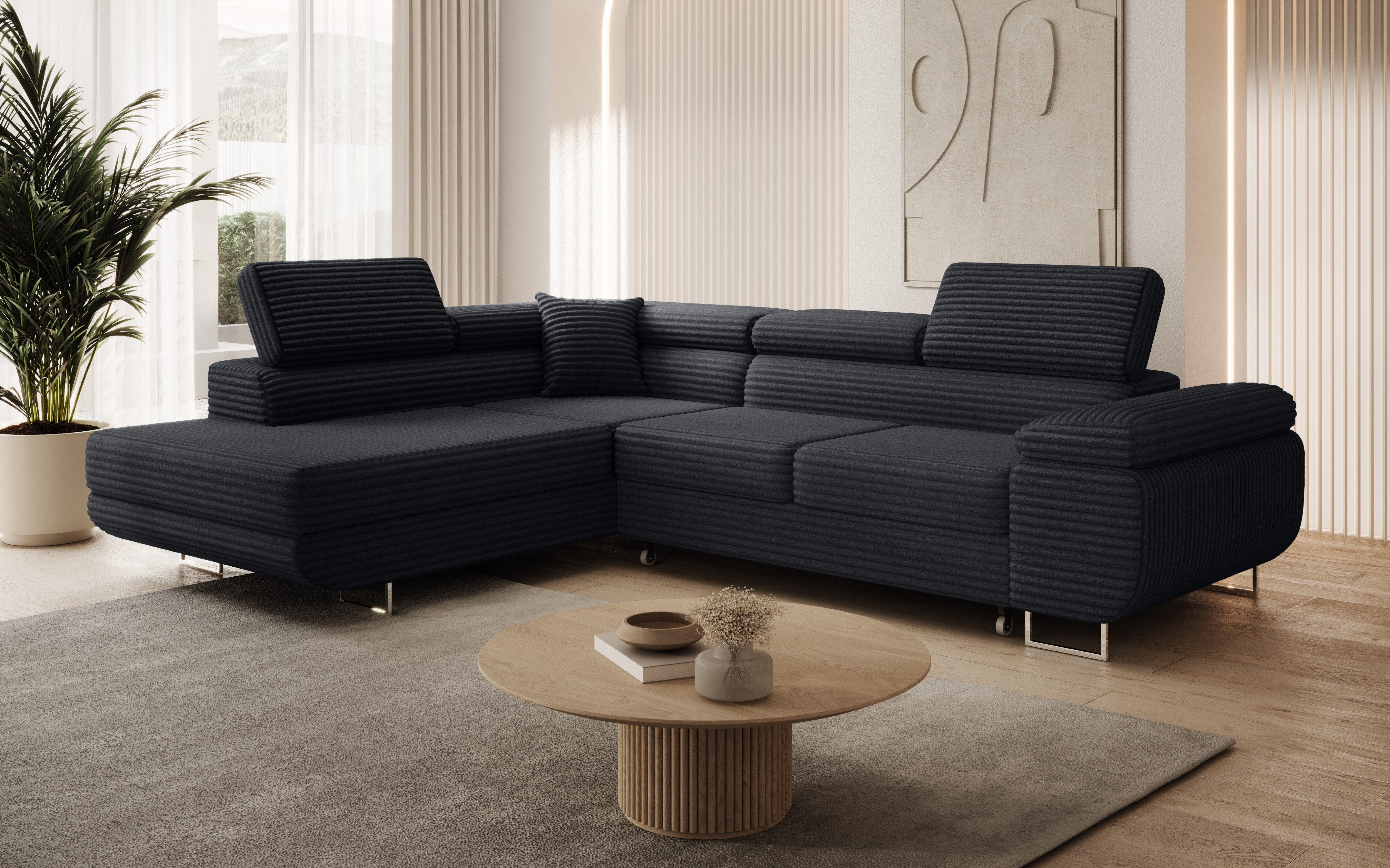 thematys Ecksofa ASTON mit Schlaffunktion & Bettkasten – Cordstoff TILIA, - mit 3 verstellbaren Kopfstützen, – L-Form 273×203 cm – Schlafsofa mit Auszug