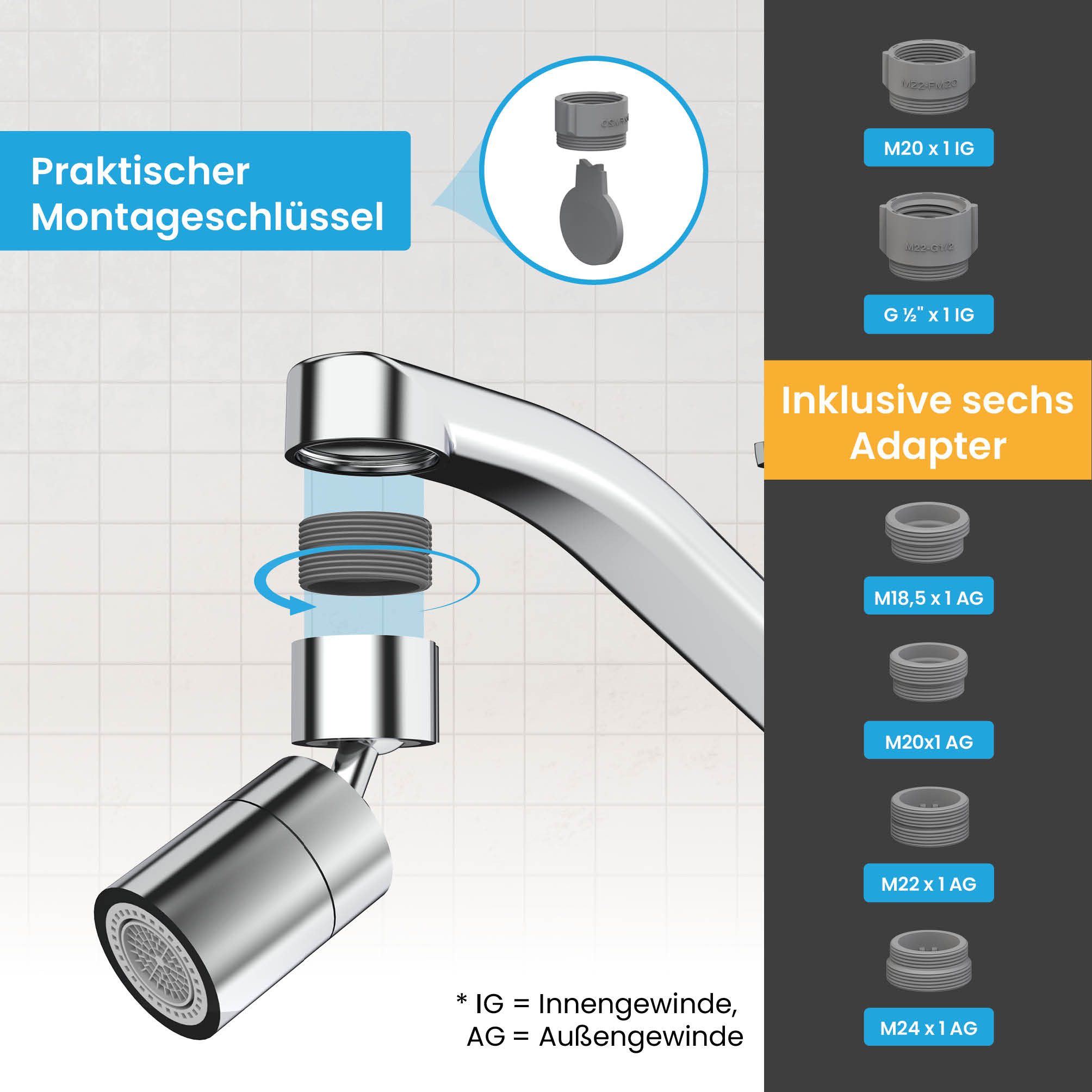Bächlein Küchenarmatur Hochwertiger Wasserhahnaufsatz mit 2 Strahlarten (Chrom) gerader Aufsatz mit 360° Schwenkbereich – Bild 3 von 5