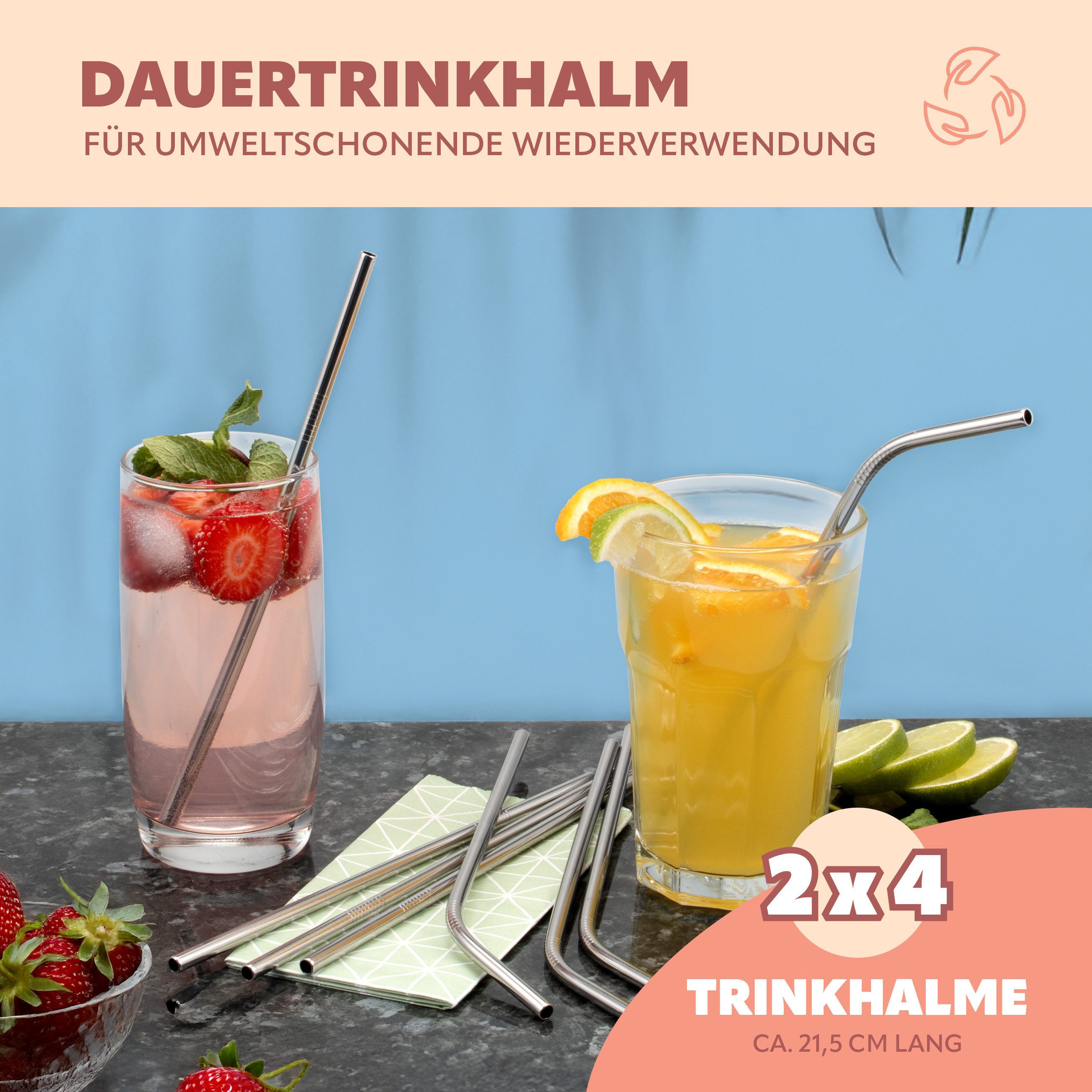 bremermann Trinkhalme 8er Edelstahl-Trinkhalme, 21,5 cm Länge, wiederverwendbar, gerade und, (8-tlg), 4x gebogen, 4x gerade, inkl. 2 Reinigungsbürsten