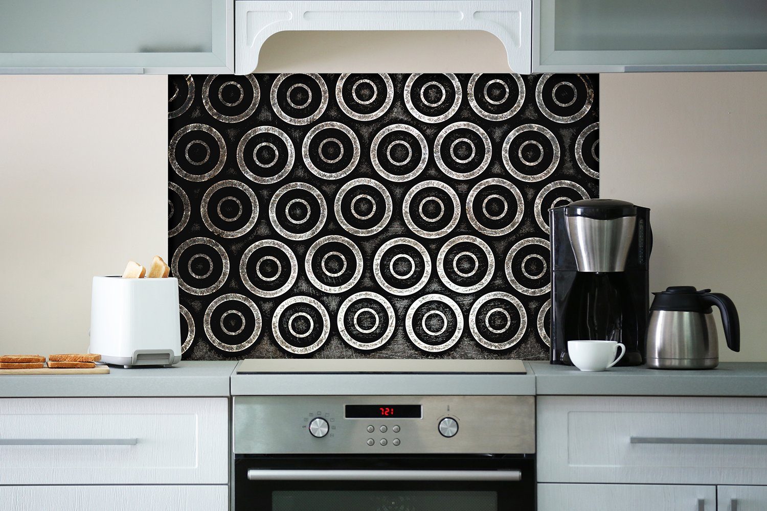 und silber, (1-tlg) Küchenrückwand Kreismuster Wallario Abstraktes schwarz in