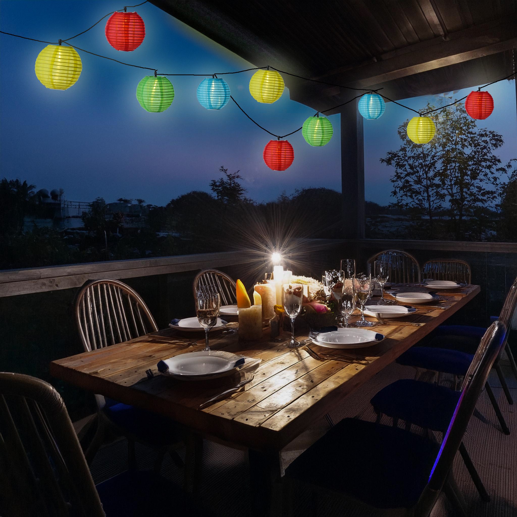 MARELIDA LED-Lichterkette Solar Lampionkette 10 bunte Lampions 8 Funktionen 4,5m Garten Balkon, 10-flammig