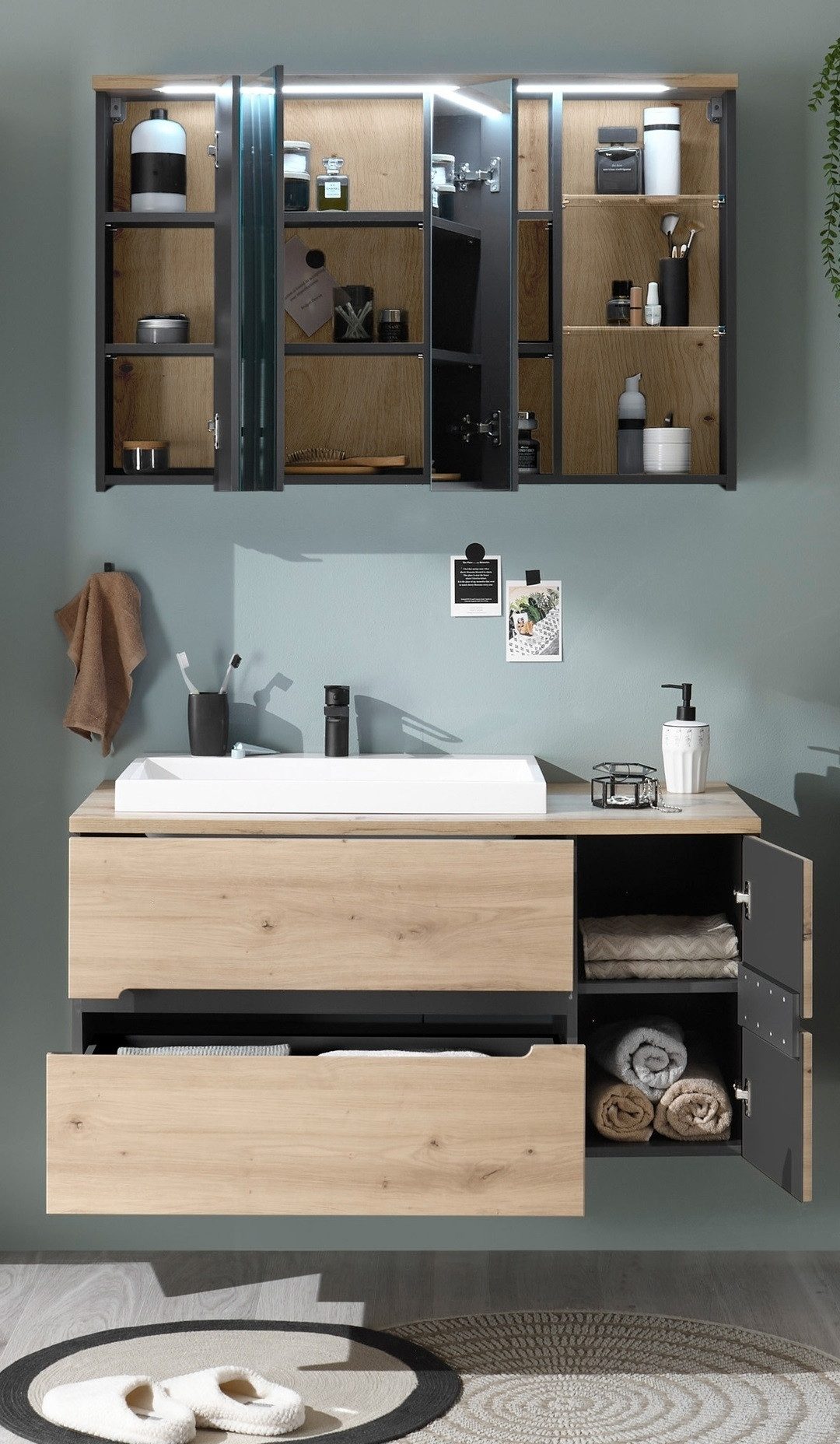 PREISBRECHER Badezimmer-Set Memphis, (Waschbecken), (2-tlg) Grau / Artisan Eiche Dekor - 110x176x53 (BxHxT)