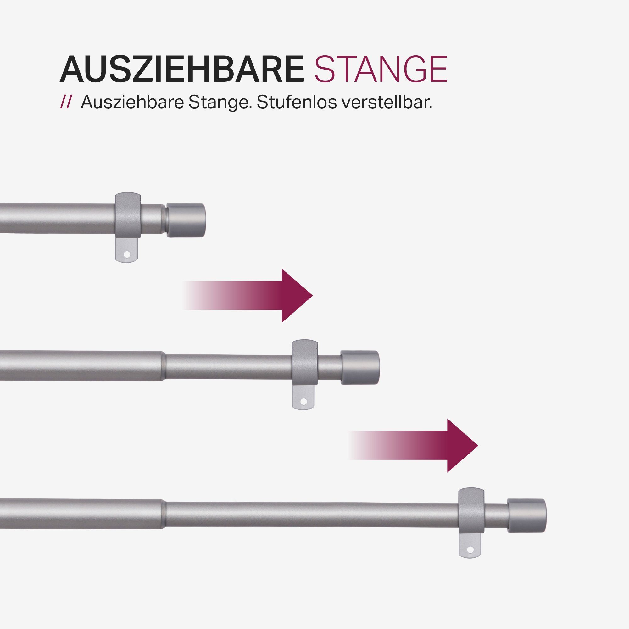 Ø und Vorhangstange Wandträger, Bestlivings, inkl. - mm, Kunststoff, Metall, Endstücken mit Faltlegehaken Gardinenstange 16 Ringe Stilgarnitur mit Endstücken 120-220cm 05957, Silber