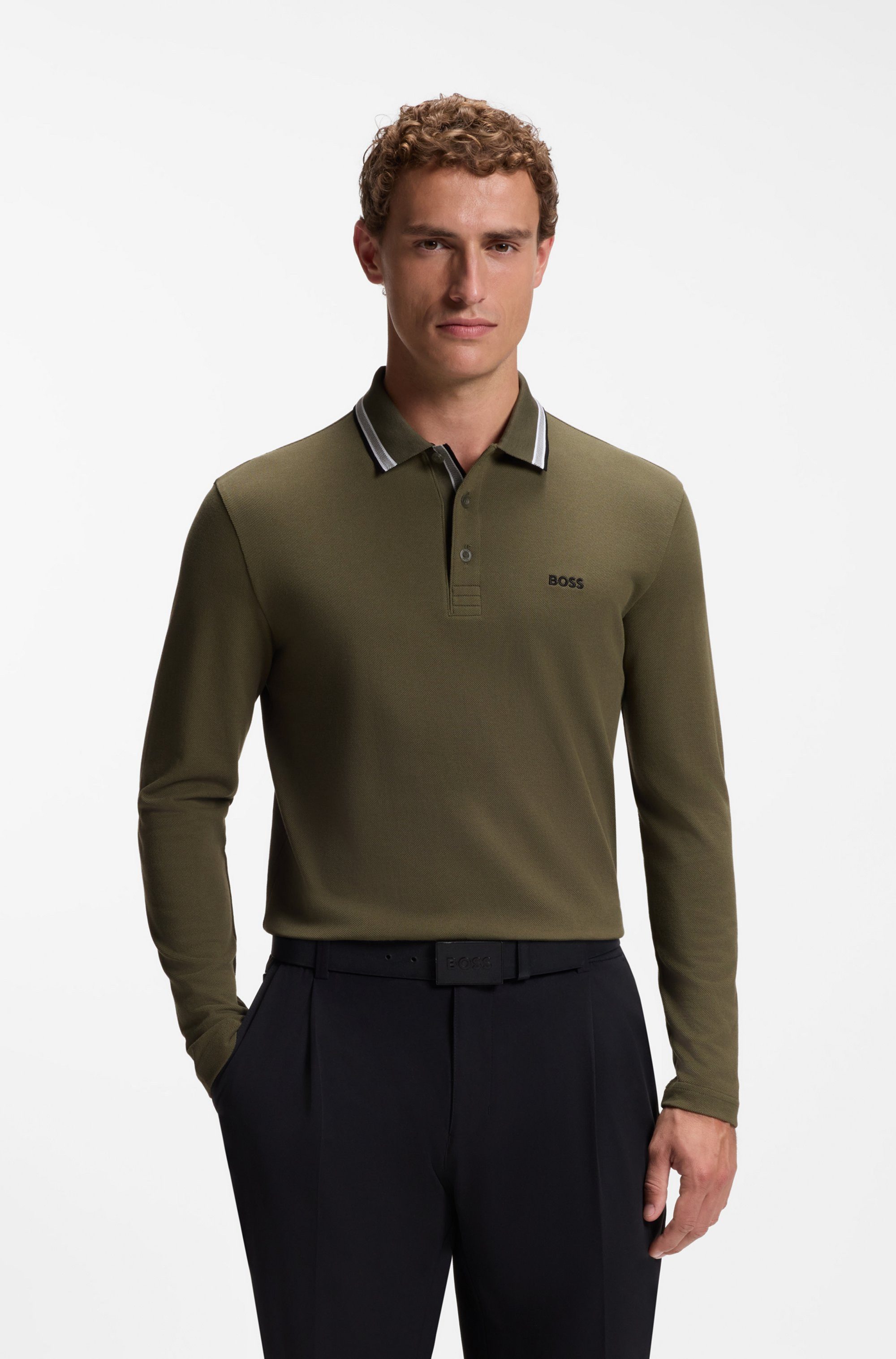BOSS GREEN Langarm-Poloshirt Plisy mit Streifen am Kragen