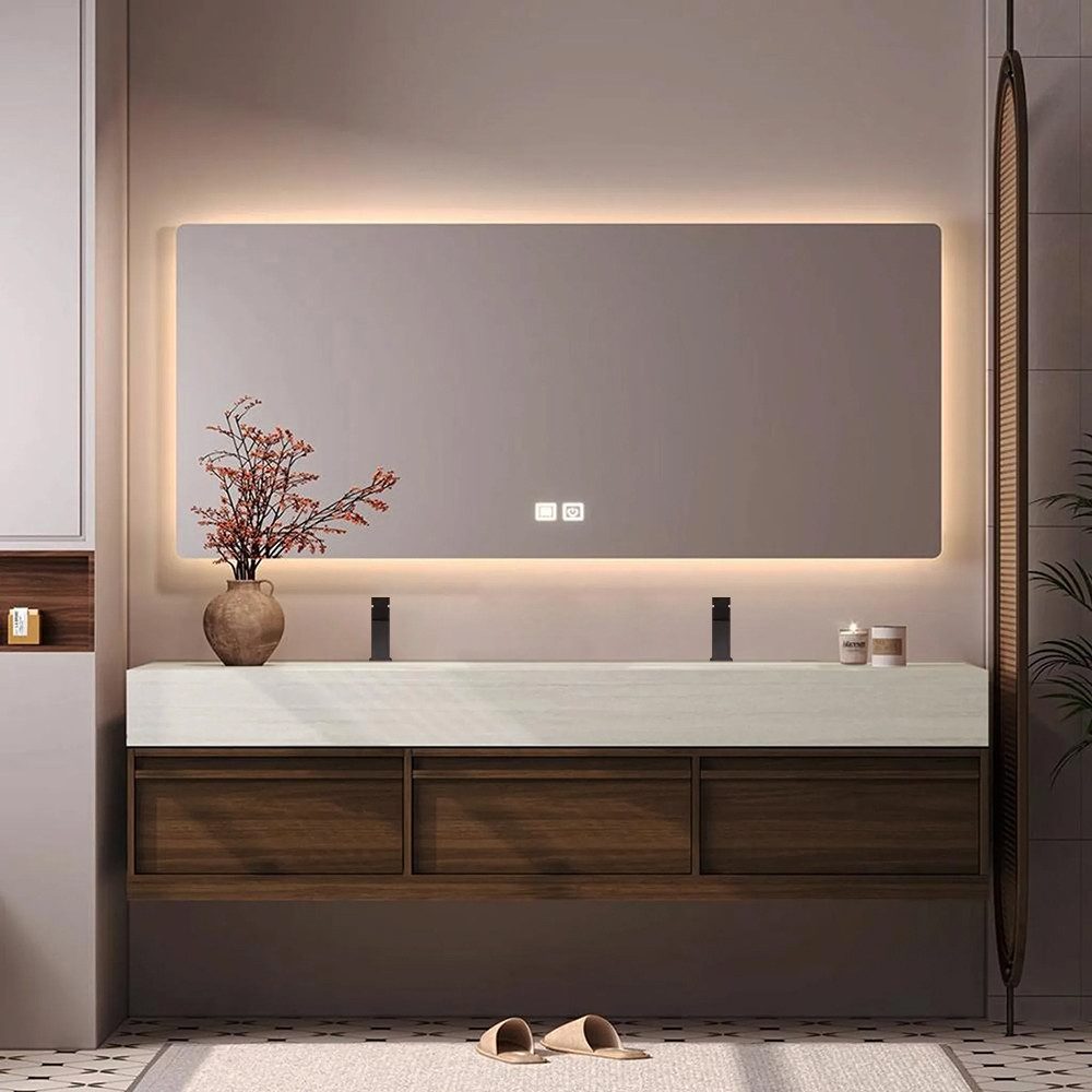 Muxing Badmöbel-Set Doppelwaschbecken Travertinoptik mit Spiegel und Unterschrank, (Set)