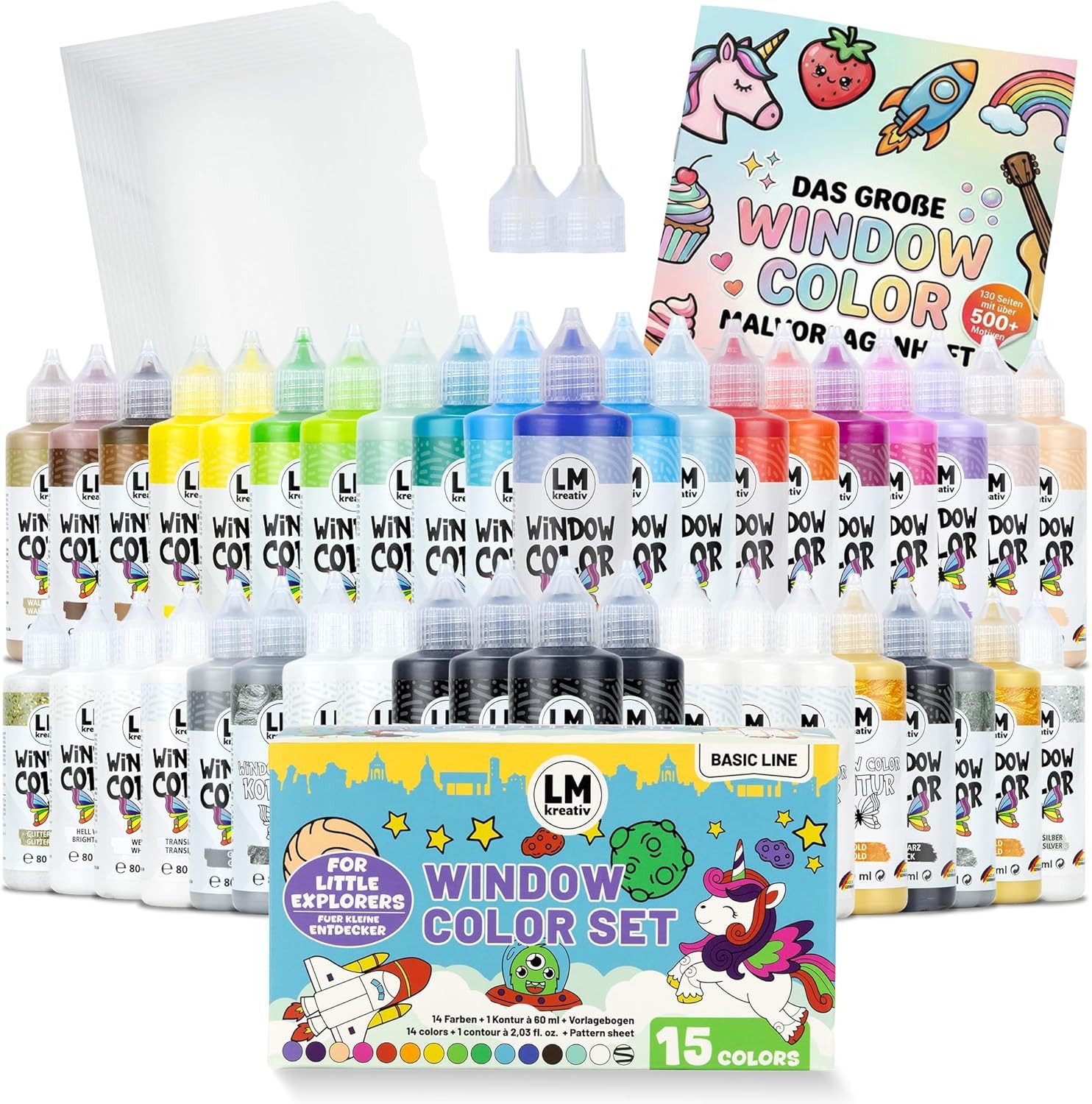 LM-Kreativ Bastelfarbe Window Color XXL 40er Set Farbmix mit Konturen & Bonus-Sets, XXL-Set, wiederablösbar, inkl. Konturen, Folien & Vorlagenheft