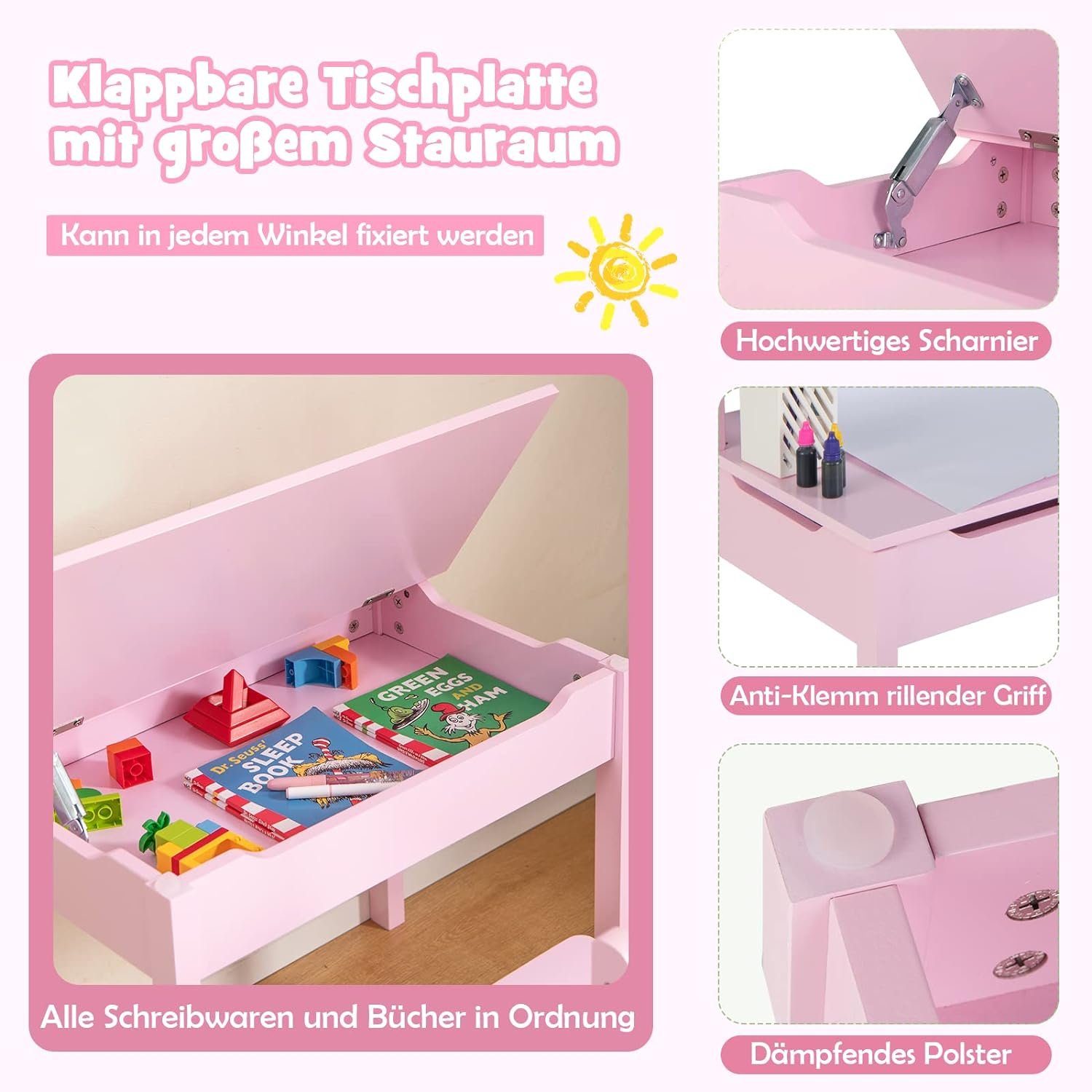 KOMFOTTEU Kindertisch mit rosa Spielen Stuhl, Kindersitzgruppe, Essen Malen zum aufklappbare
