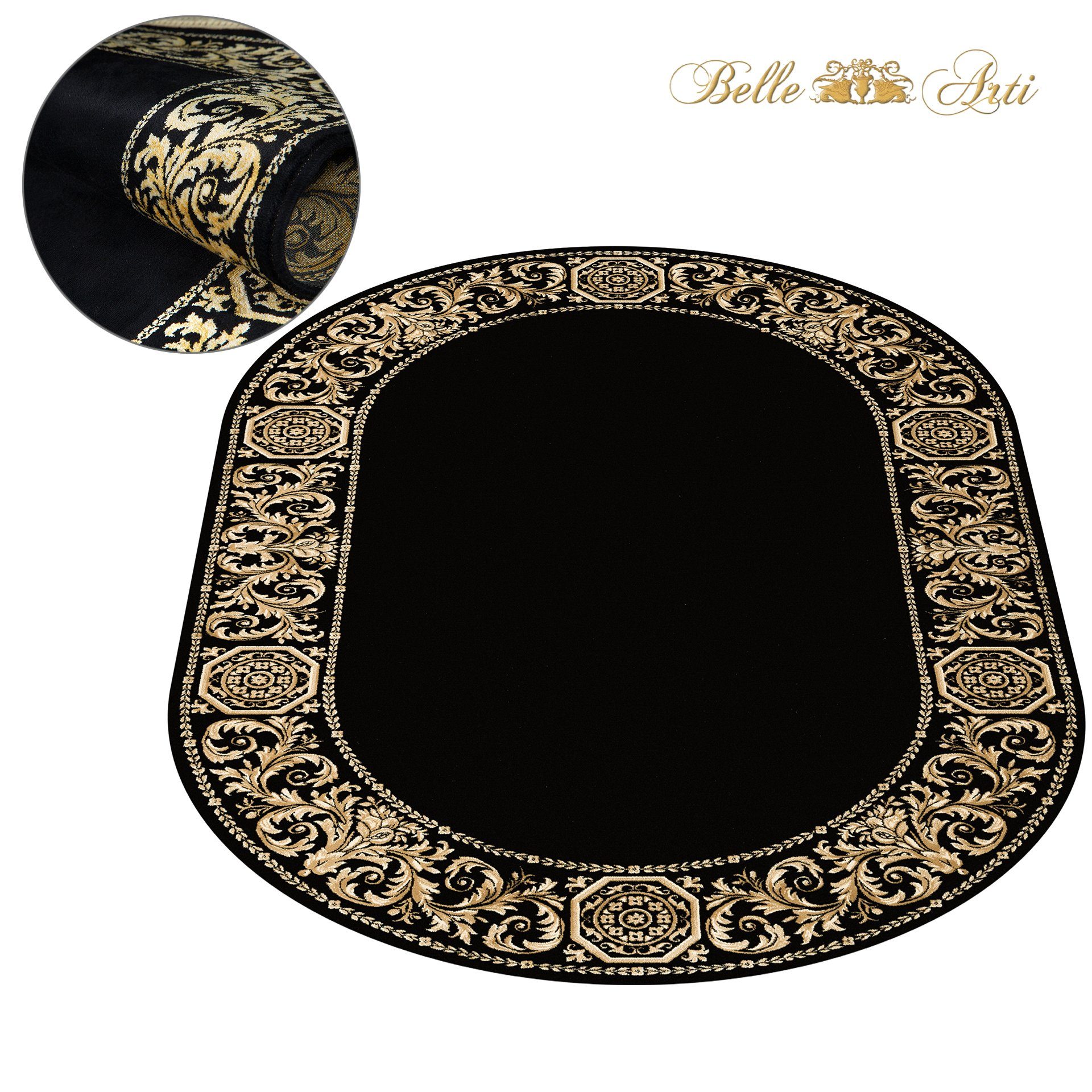 Belle Arti Teppich Luxus Teppich Wohnzimmer Barock schwarz gold beige oder rot kurzflor, Oval, flauschig