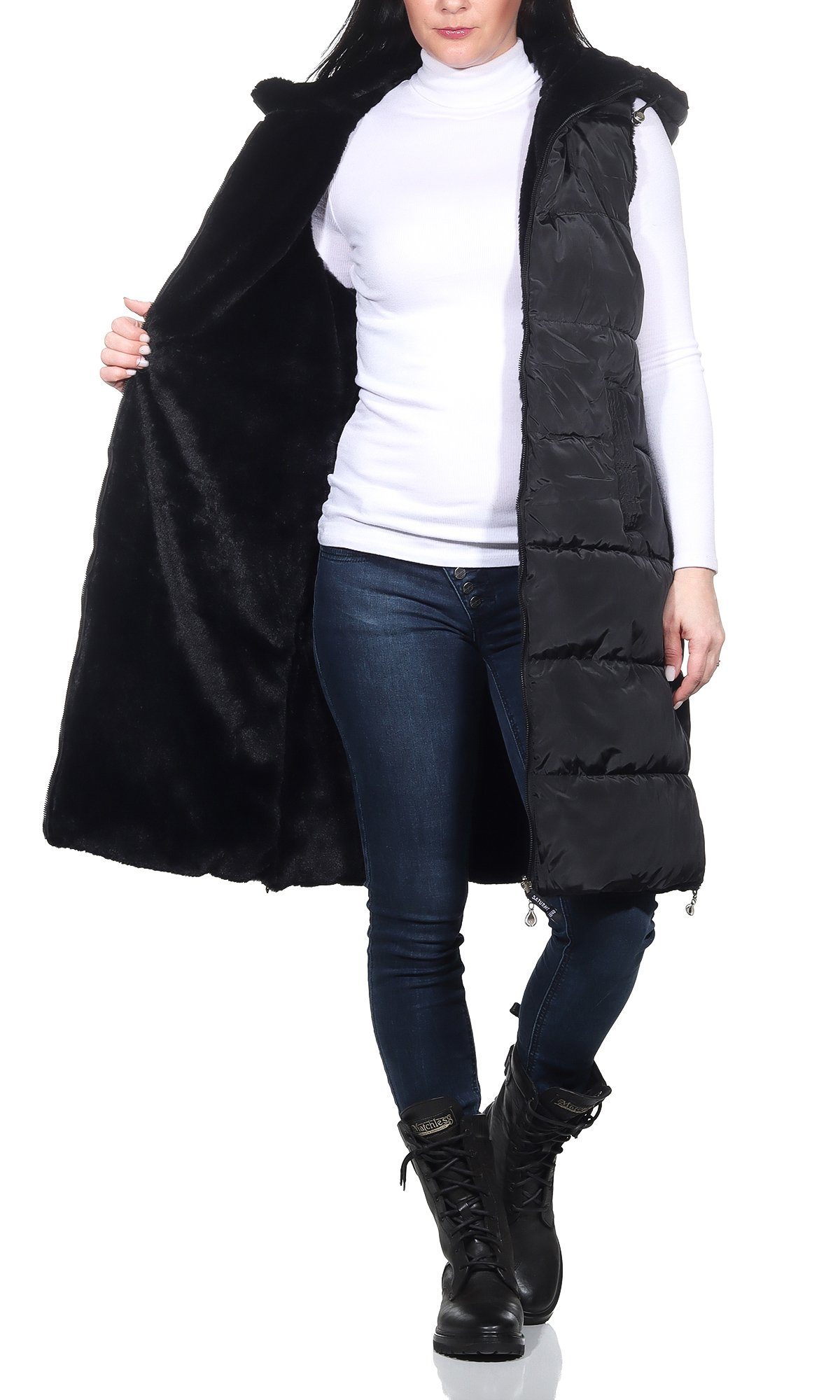 Teddyfell Aurela Kuschelige Steppweste Kunstfell in mit Damenmode großen erhältlich, Steppweste auch Damen mit Größen abnehmbarer Schwarz Kapuze, vollständig (1-tlg) ausgestattet mit