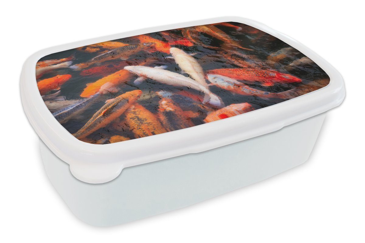 MuchoWow Lunchbox Ein Teich mit Koi-Karpfen von oben, Kunststoff, (2-tlg), Brotbox für Kinder und Erwachsene, Brotdose, für Jungs und Mädchen weiß