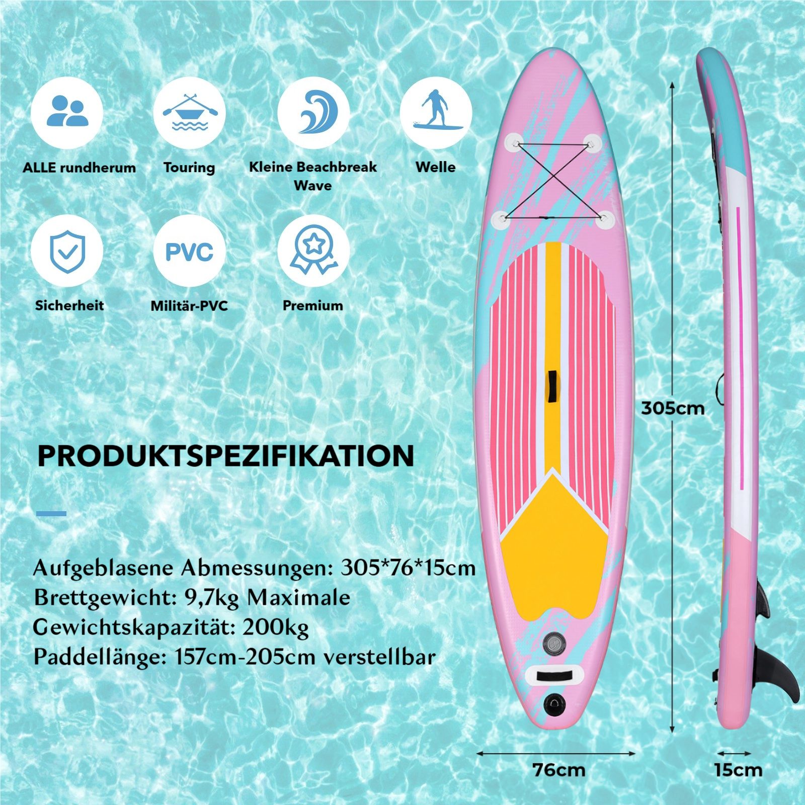 TLGREEN SUP-Board 305 x 76x 15 cm Inflatable Stand Up Paddle Board, (Surfbrett 10FT, Komplettes Zubehör, Verstellbares Paddel, Pumpe, Reiserucksack, Leine, Erwachsene Paddelboard), für Wassersport und Paddling,Tragfähigkeit 200KG