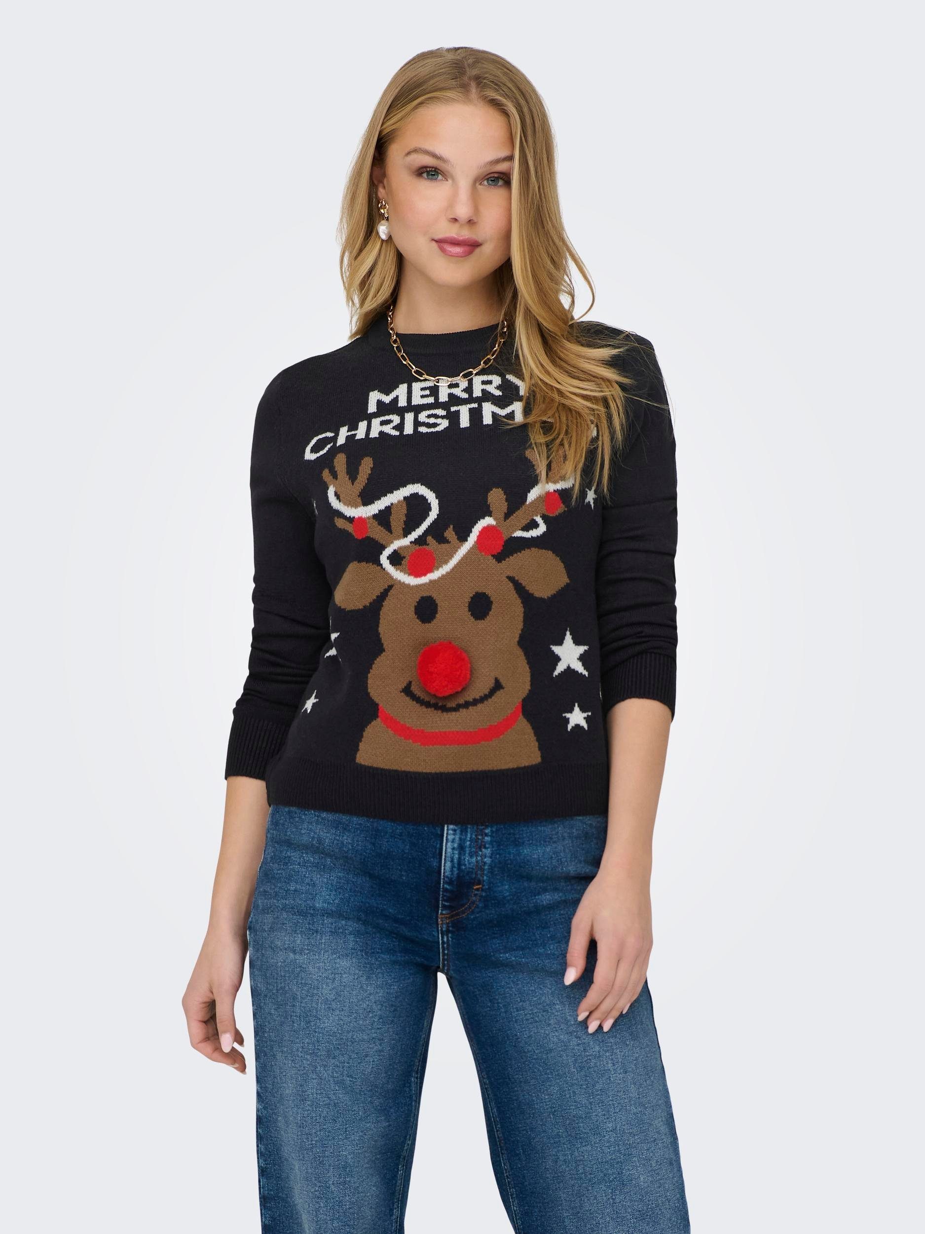ONLY Weihnachtspullover ONLXMAS DEER LS O-NECK BOX KNT Night Sky Pattern:CD/Poppy Red/Black/Toasted Coconut