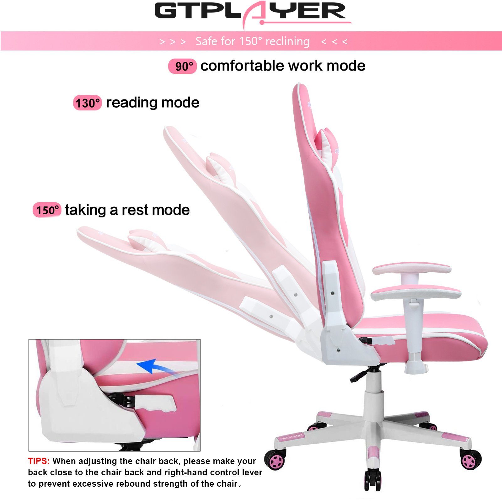 Gaming kg Gaming-Stuhl 90°-165° Stuhl, Gaming Neigungswinkel GTPLAYER Stuhl bis belastbar, Bürostuhl Sessel Gamer 150 ergonomischer rosa