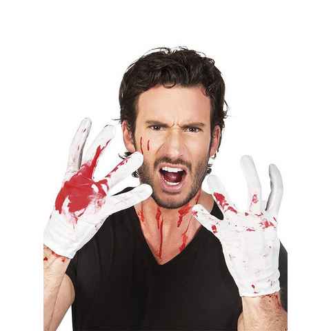 Boland Kostüm Blutige Handschuhe, Ein Paar weiße Handschuhe mit Fake-Blutspritzern