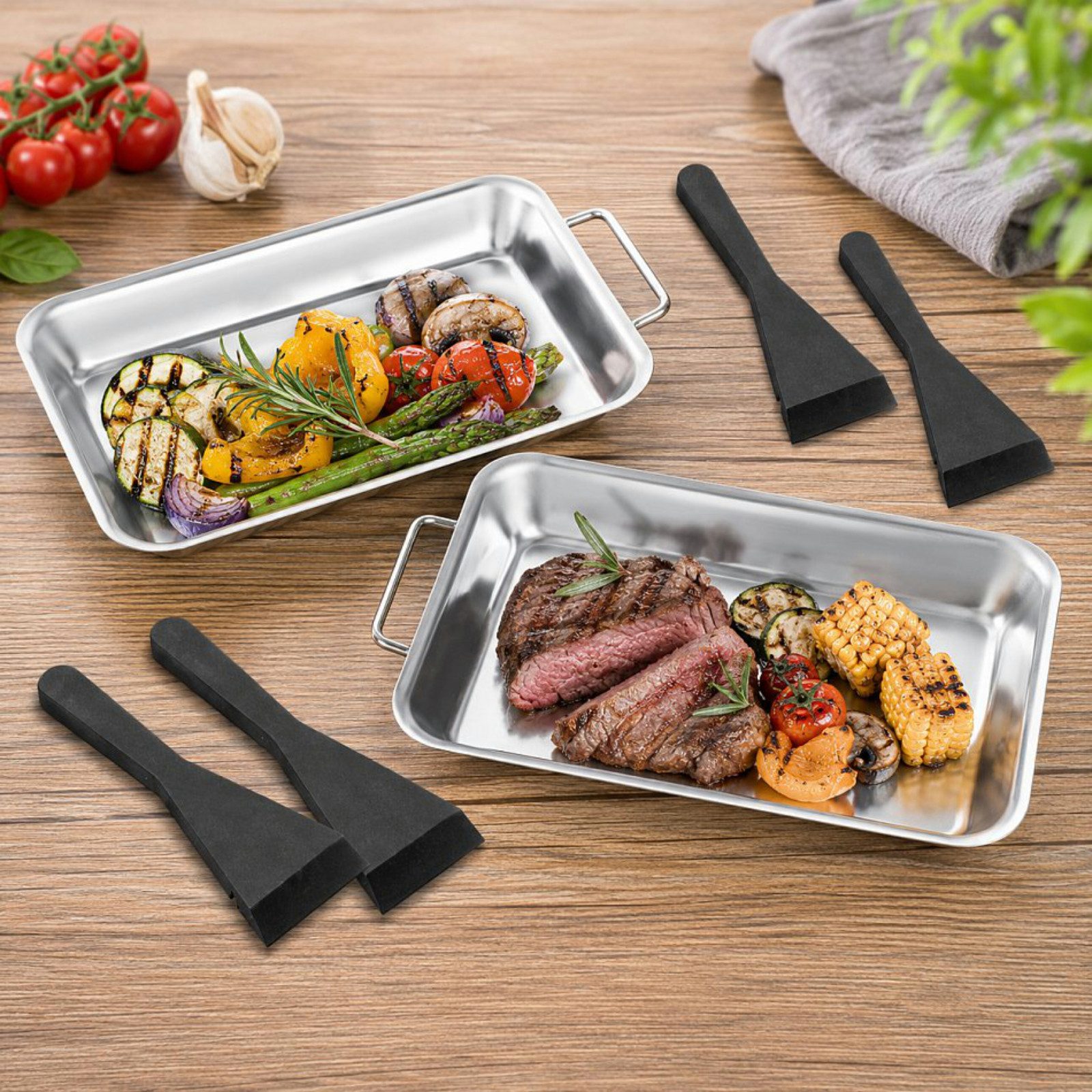 Haushalt International Grillschale Grilbehälter Grillpfanne Edelstahl 2tlg + 4 Schaber, Edelstahl, (Set, 6-St., Packung), 6tlg, Kunststoffschaber, 21x13x2cm, Grillzubehör