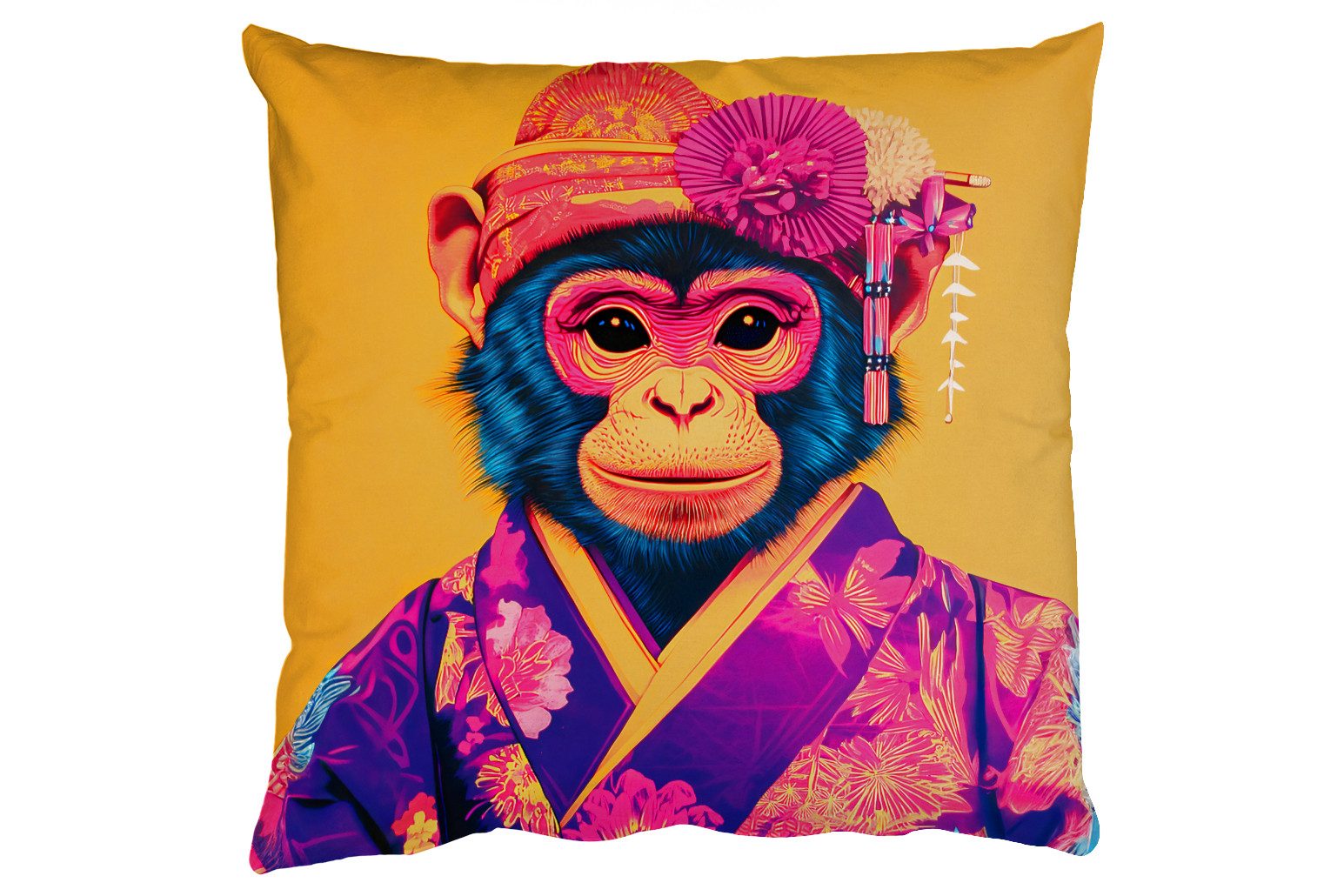 MuchoWow Dekokissen Affe - Kimono - Blumen - Kopfschmuck, Zierkissen, Deko Kissen mit Füllung, Sofakissen, 60x60 cm