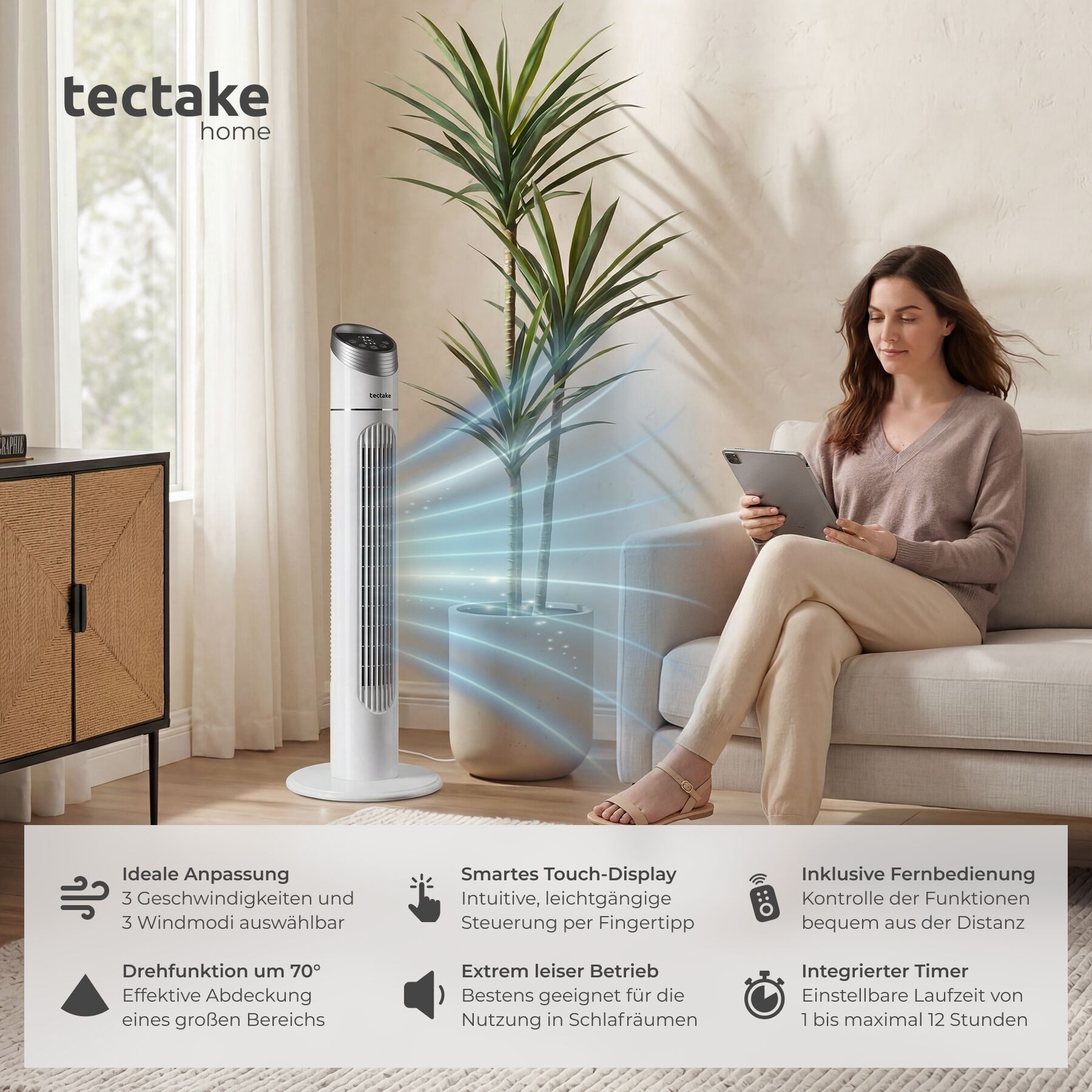 tectake Turmventilator Standlüfter in weiß, oszillierend, Inkl. Fernbedienung, 31 x 90 cm, 3 Modi, mit Timer-Funktion, Touch-Bedienfeld mit LED-Beleuchtung