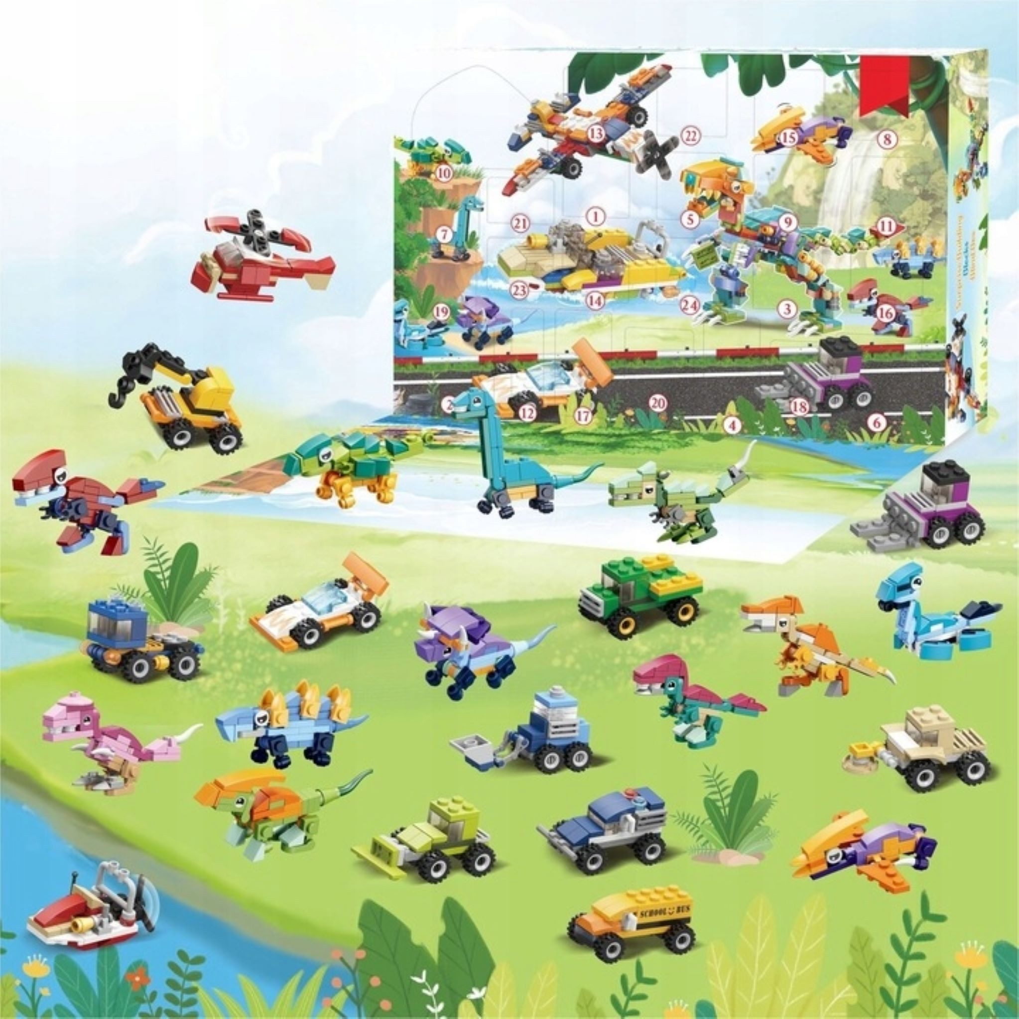 Festivalartikel Adventskalender Adventskalender mit Bausteinen: 12 Dinosaurier, 12 Autos