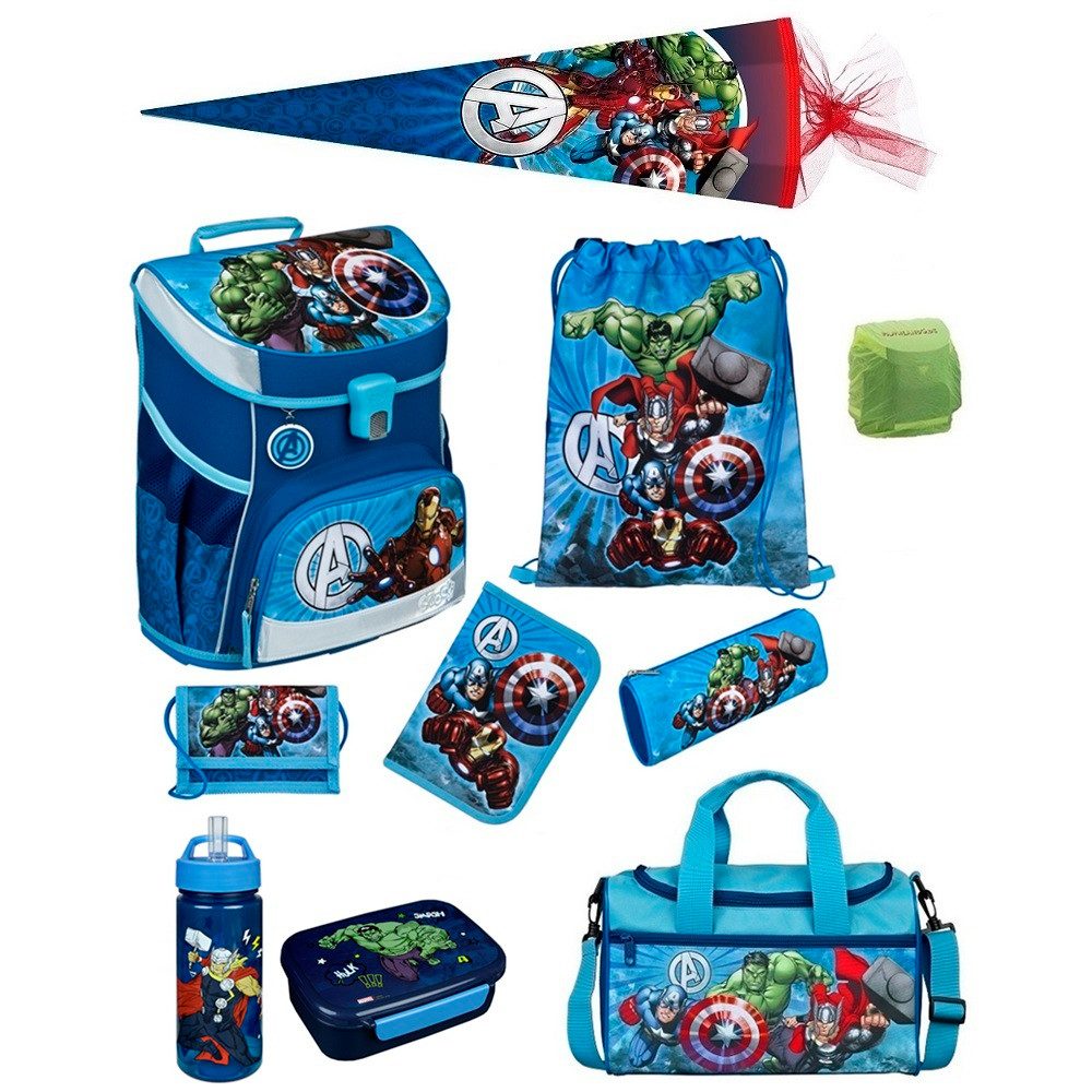 Scooli Ранцы Campus Fit Avengers Ранцы für 1.-4. Klasse - 980 Gramm - 18L Vol (Set, 10-tlg., inkl. Sporttasche und Schultüte 85cm), Marvel AVENGERS Iron Man Hulk Thor Captain America
