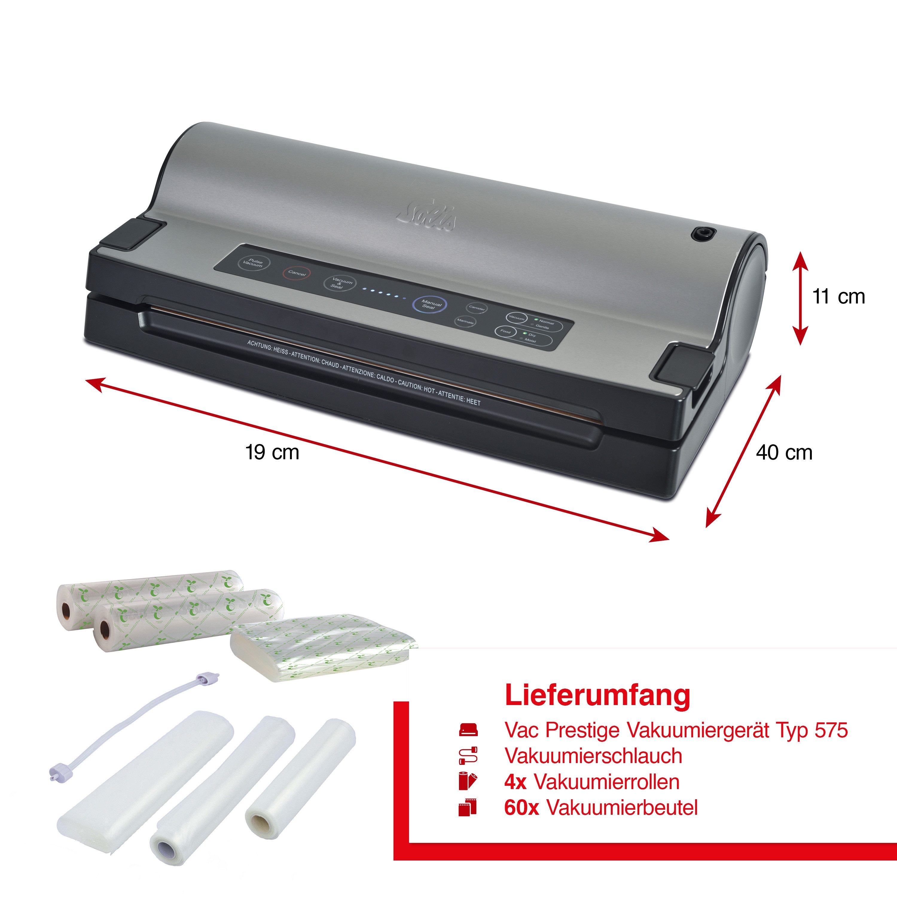 SOLIS OF SWITZERLAND Vakuumierer Vac Prestige, Typ 575, Vorteilspack, Rollenbreite 30 cm, 130W, 2,5 mm Schweißnaht, Marinierfunktion, inkl. 60 Beutel & 4 Rollen