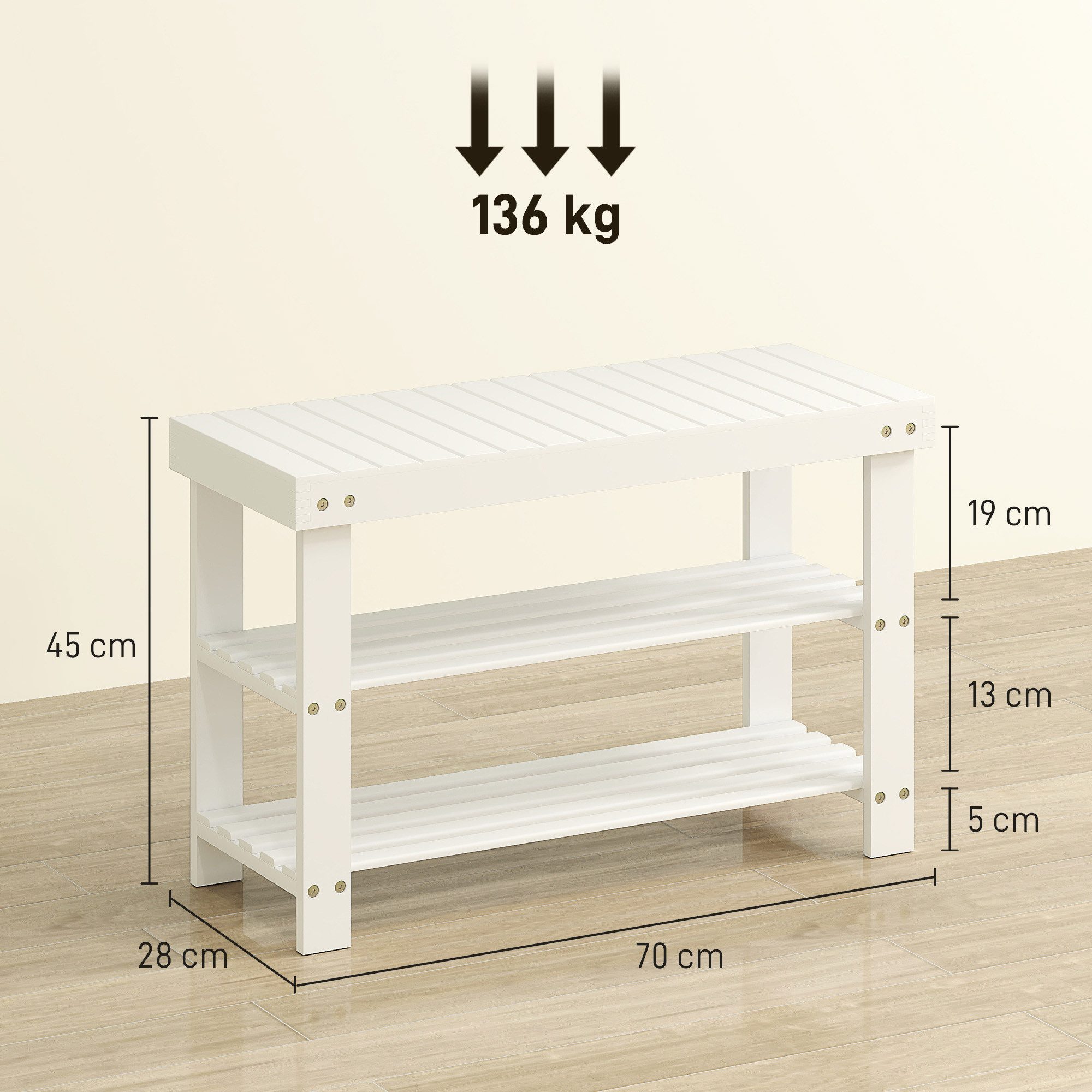HOMCOM Schuhbank Sitzfläche und Stauraum, 2 Ablagen Flurbank für Wohnzimmer (Schuhregal aus Bambus, 1-St., Sitzbank), für Flur, Eingangsbereich, 70 x 28 x 45 cm – Bild 3 von 5
