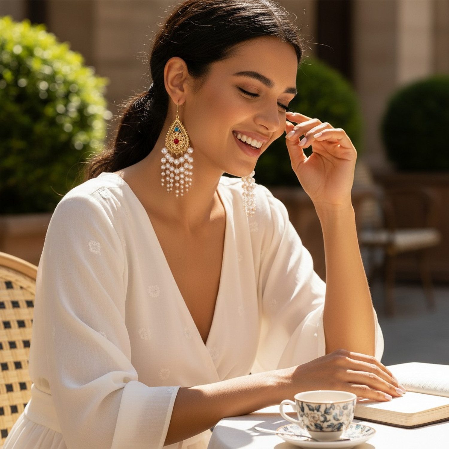 KARMA Perlenohrringe Lange Ohrringe Perlen Gold Weiß 10 cm (Damen, 2-tlg., Damenschmuck Ohrschmuck), Damenohrringe modern Ohrringe