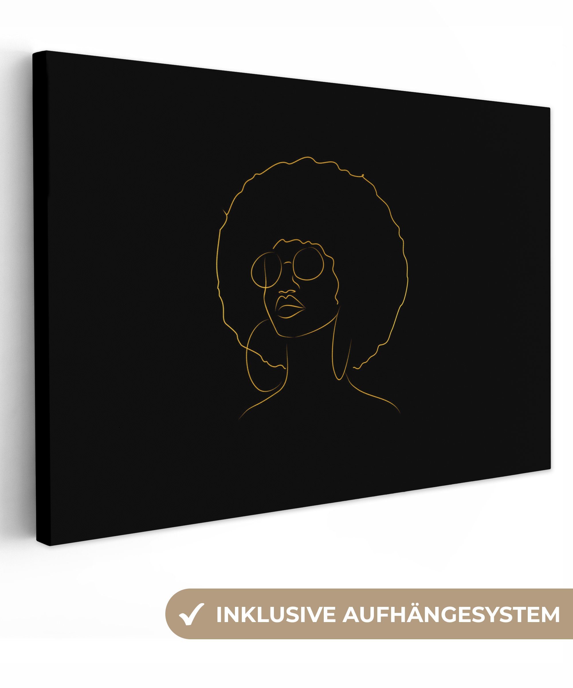 OneMillionCanvasses® Leinwandbild Frau - Sonnenbrille - Gold - Strichzeichnung, (1 St), Wandbild Leinwandbilder, Aufhängefertig, Wanddeko, 30x20 cm