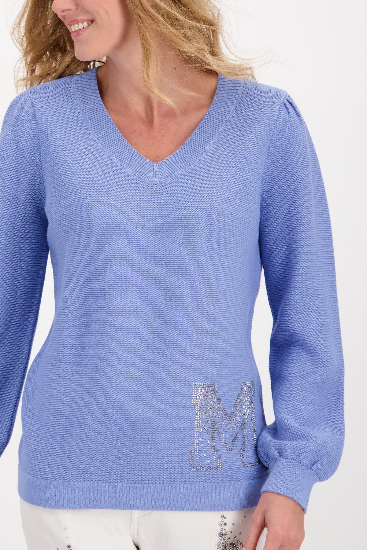 Applikation Monari mit Baumwollpullover V-Ausschnitt-Pullover Strass