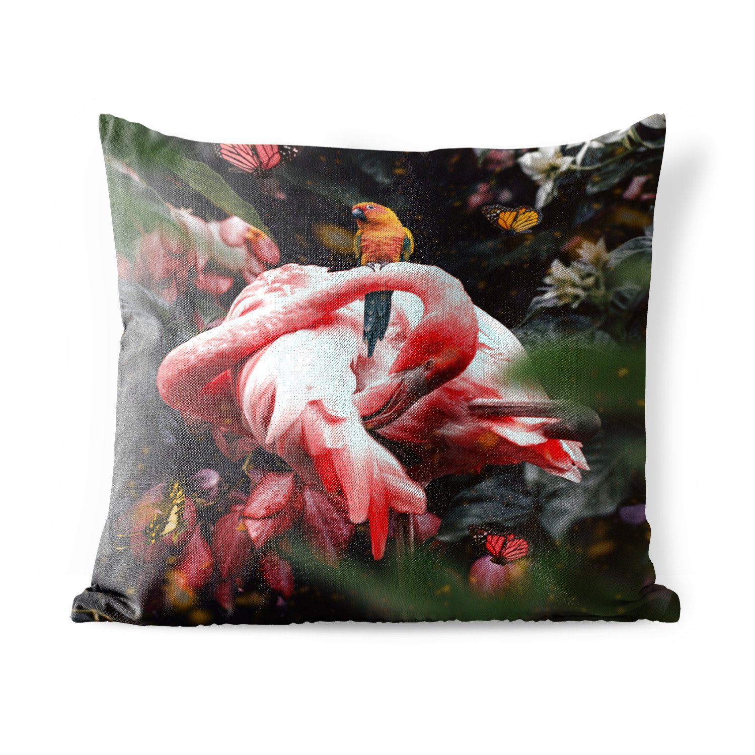 MuchoWow Dekokissen Flamingo - Schmetterlinge - Dschungel, Kissenbezüge, Kissenhülle, Dekokissen, Dekokissenbezug, Outdoor