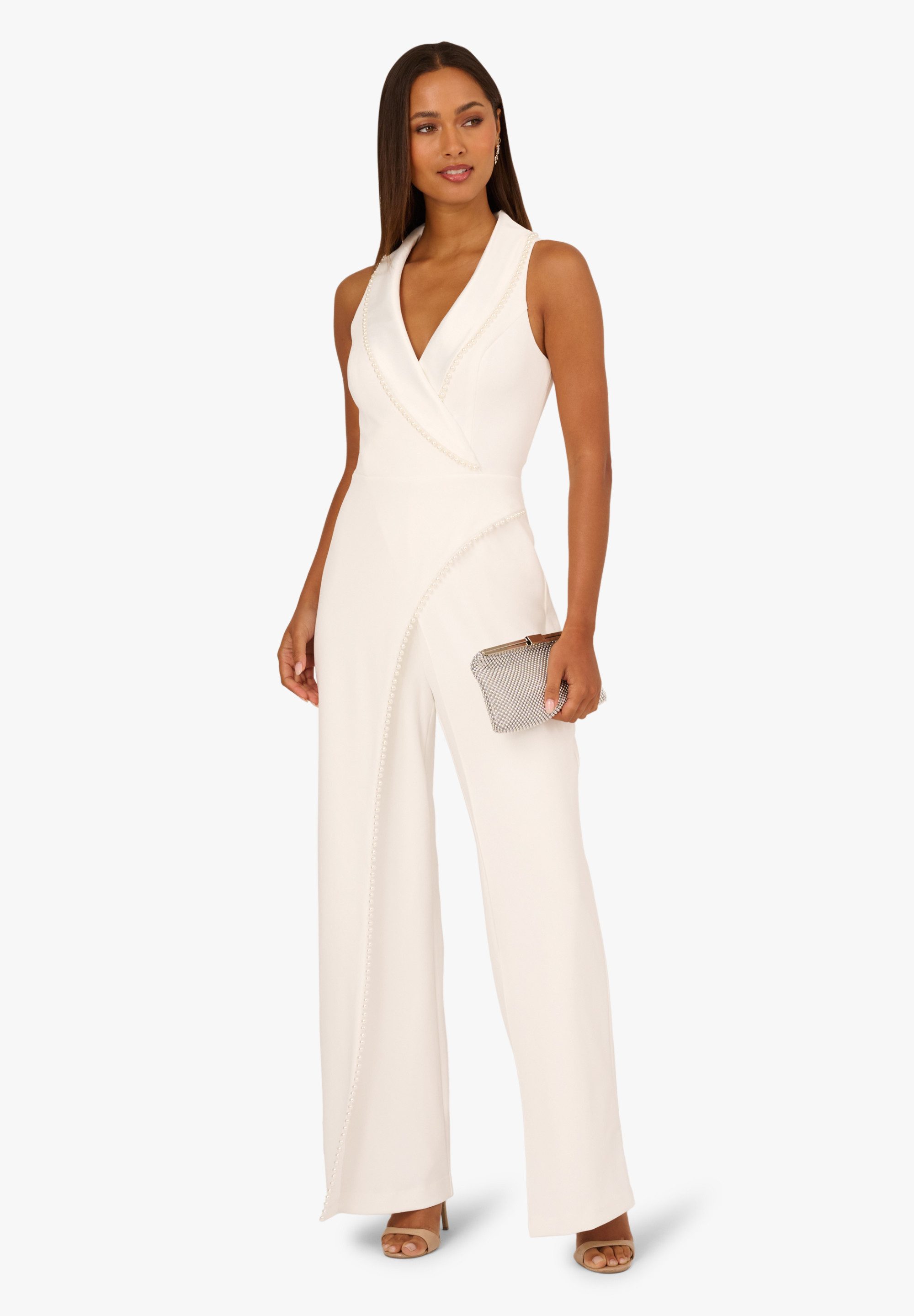 Adrianna Papell Jumpsuit Pearl Crepe Jumpsuit Ärmelloser Tuxedo-Jumpsuit mit weitem Bein