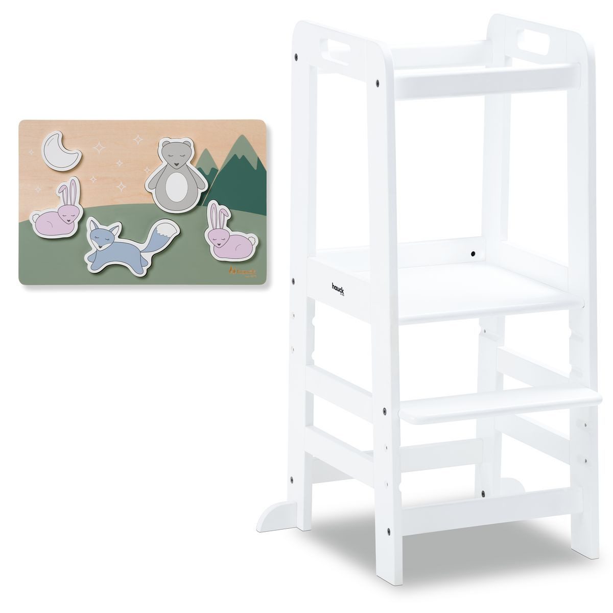 Hauck Hochstuhl Learn N Explore - White, Kinder Lernturm Kinderstuhl für Küche ab 1 Jahre bis 40 kg Mitwachsend