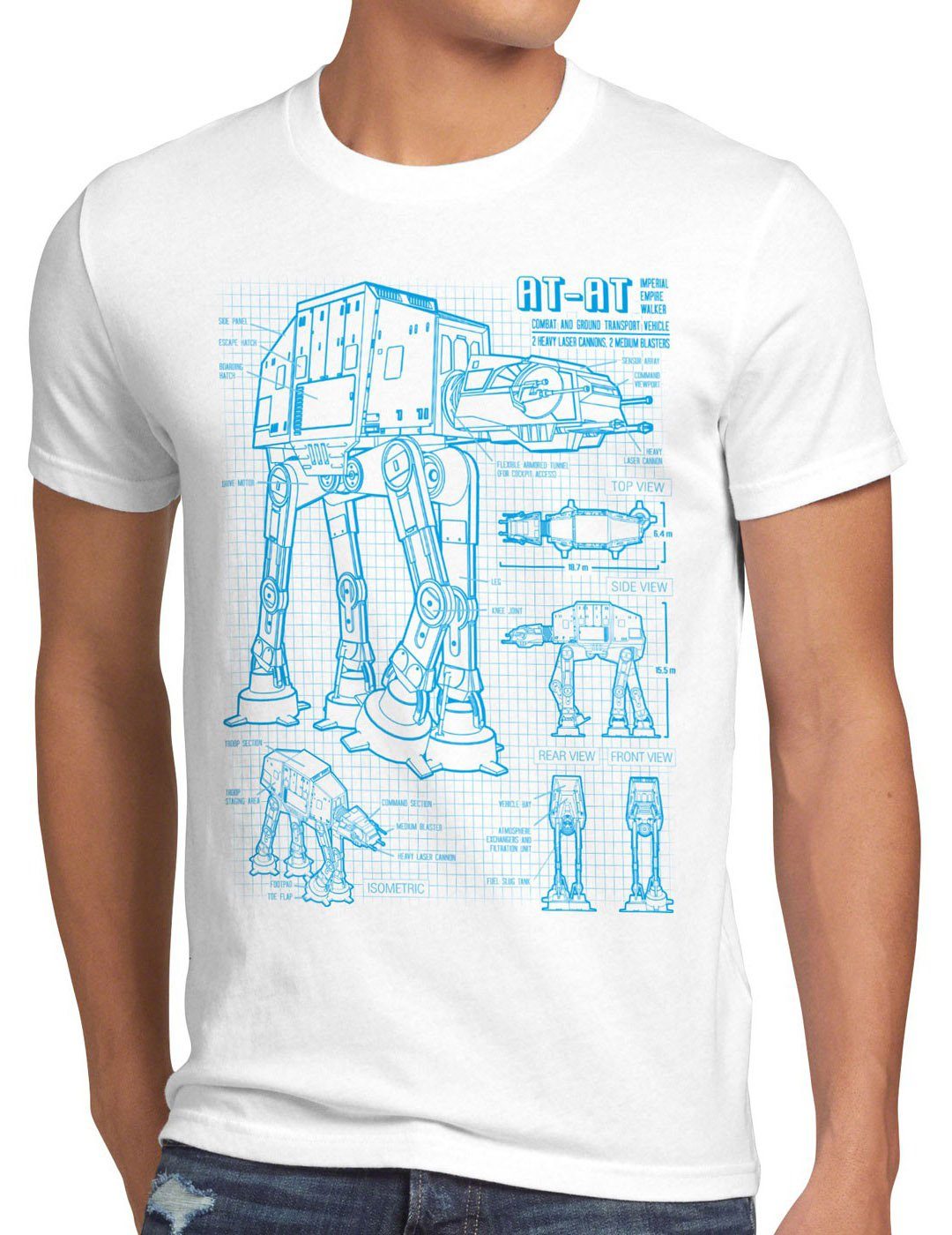 style3 Print-Shirt Herren T-Shirt AT-AT blaupause walker star krieg wars imperium der sterne vader weiß