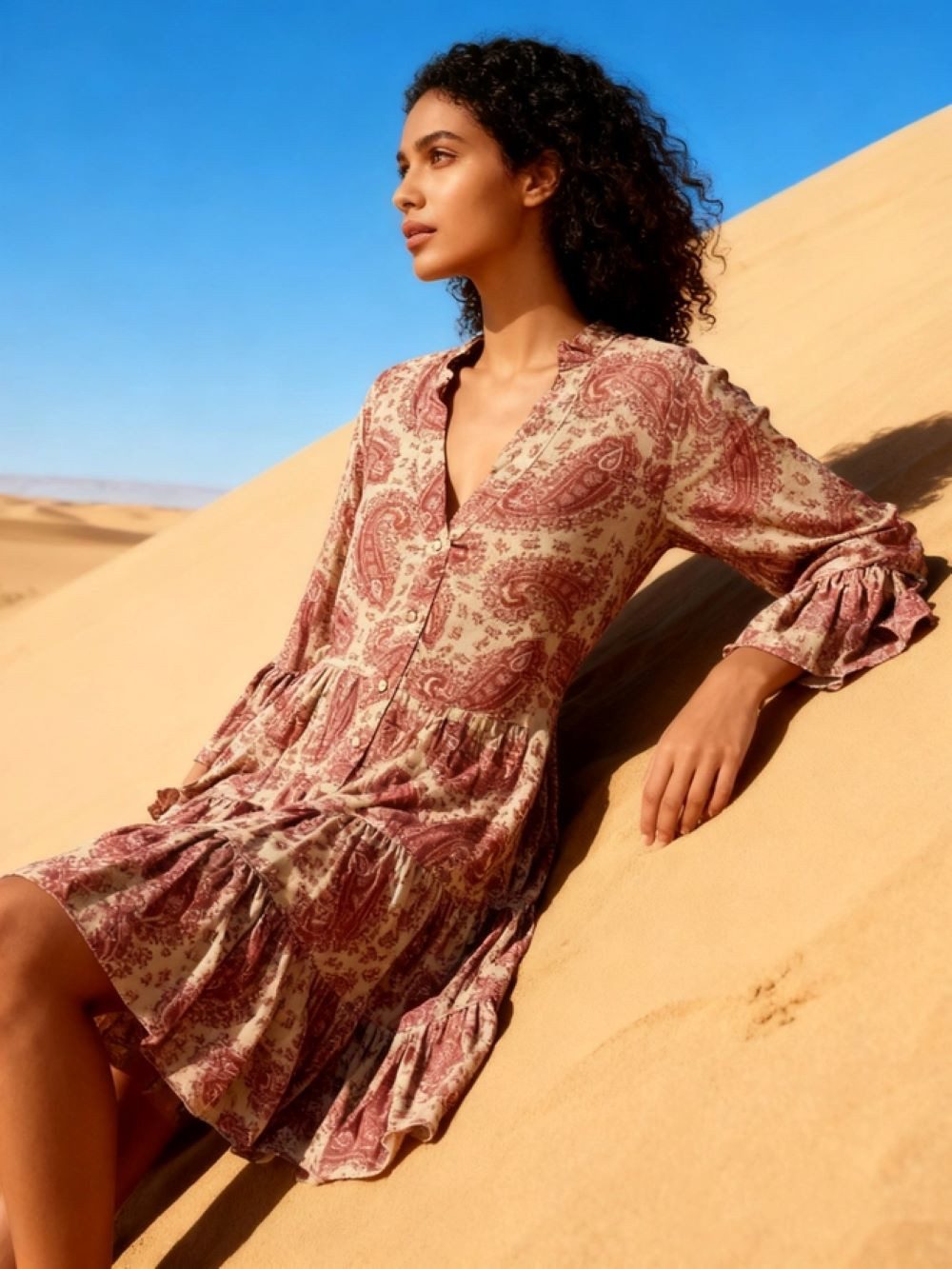 Last Queen Tunikakleid Fließendes Tunika-Kleid mit Paisley-Print und Knopfleiste Leichtes, luftiges Tragegefühl
